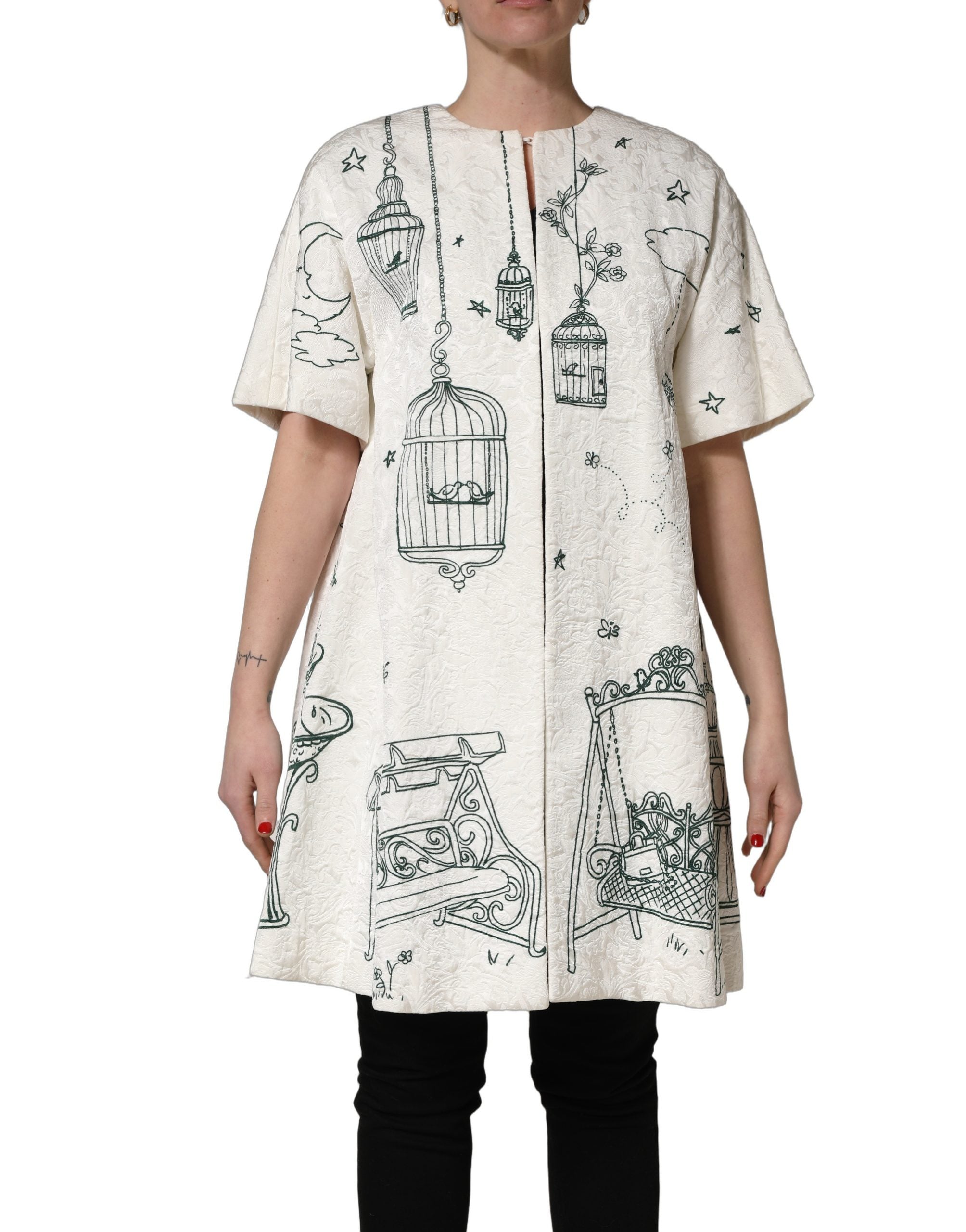 Dolce & Gabbana White Jacquard Garden Print Coat Women's Jacket