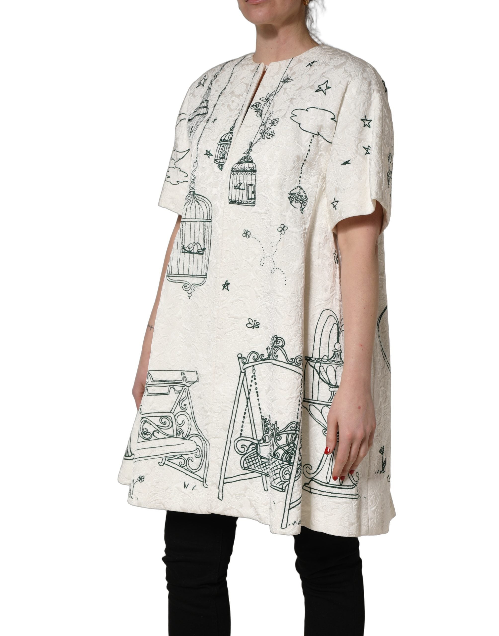 Dolce & Gabbana White Jacquard Garden Print Coat Women's Jacket