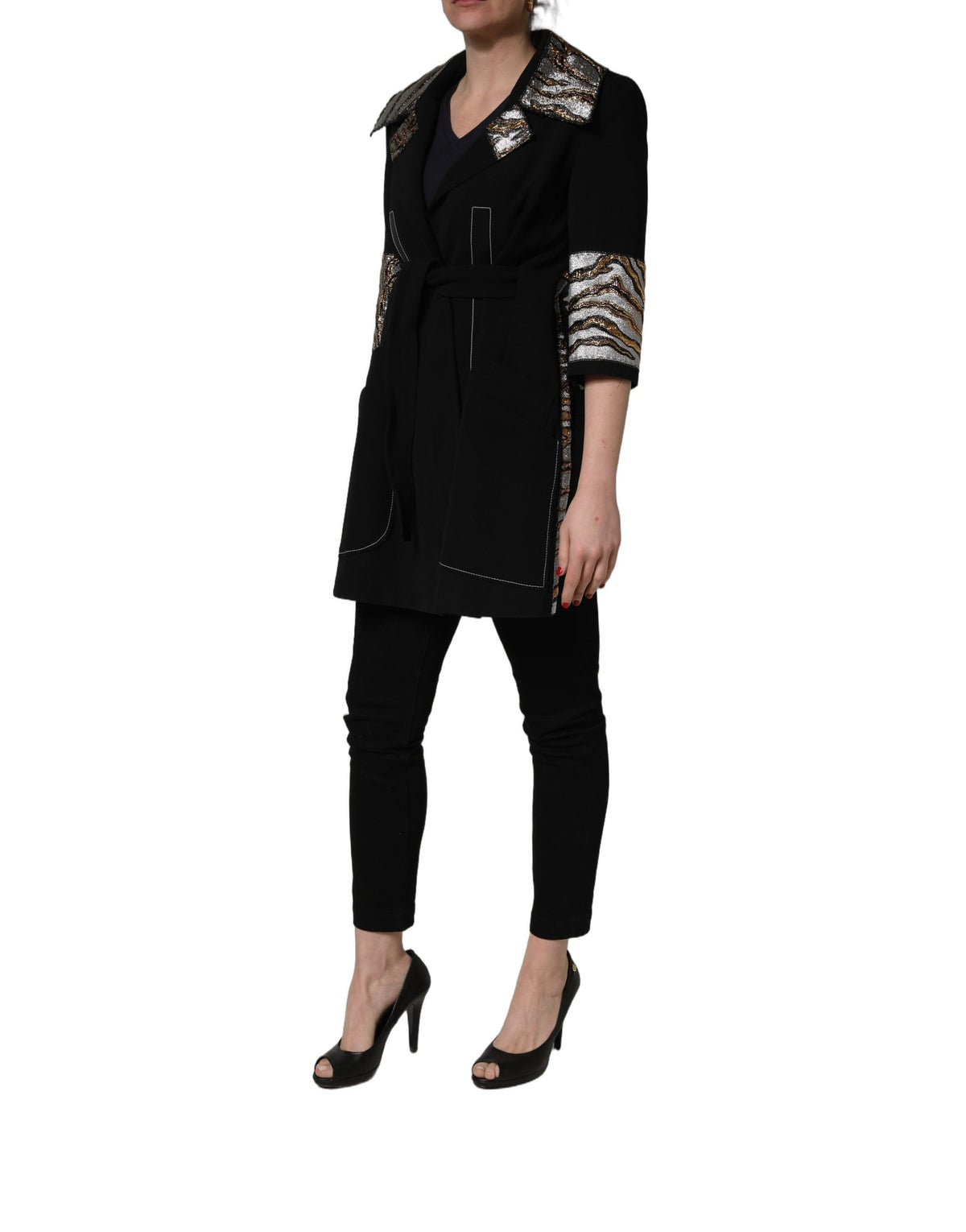 Dolce & Gabbana Black Single-Breasted Brocade Coat Women's Jacket