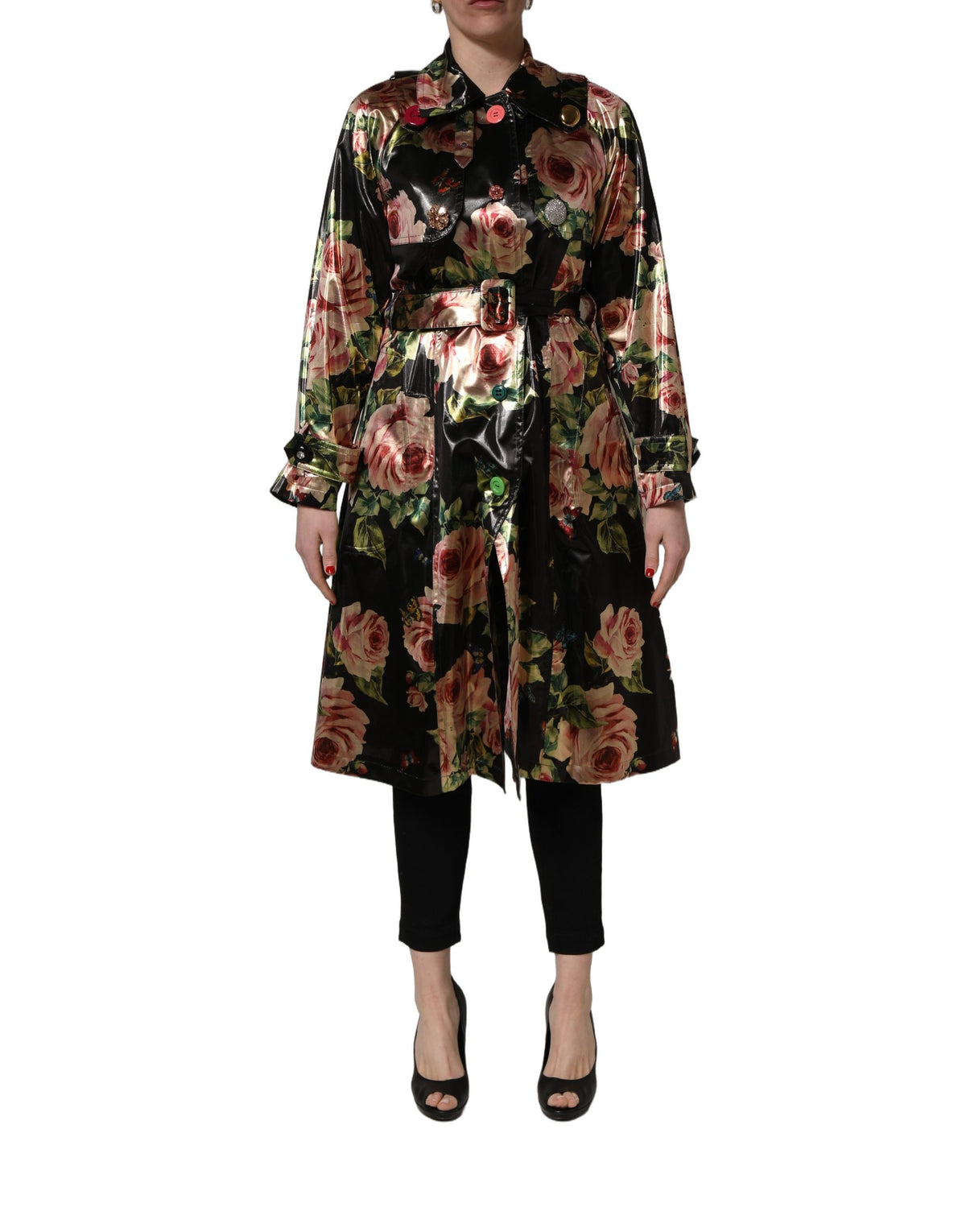 Dolce & Gabbana Black Floral Belted Polyester Trench Coat Women's Jacket