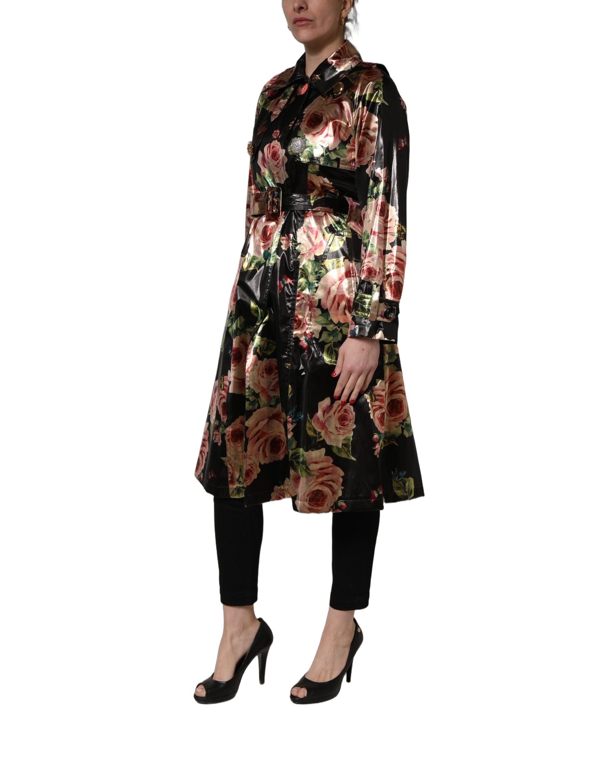 Dolce & Gabbana Black Floral Belted Polyester Trench Coat Women's Jacket