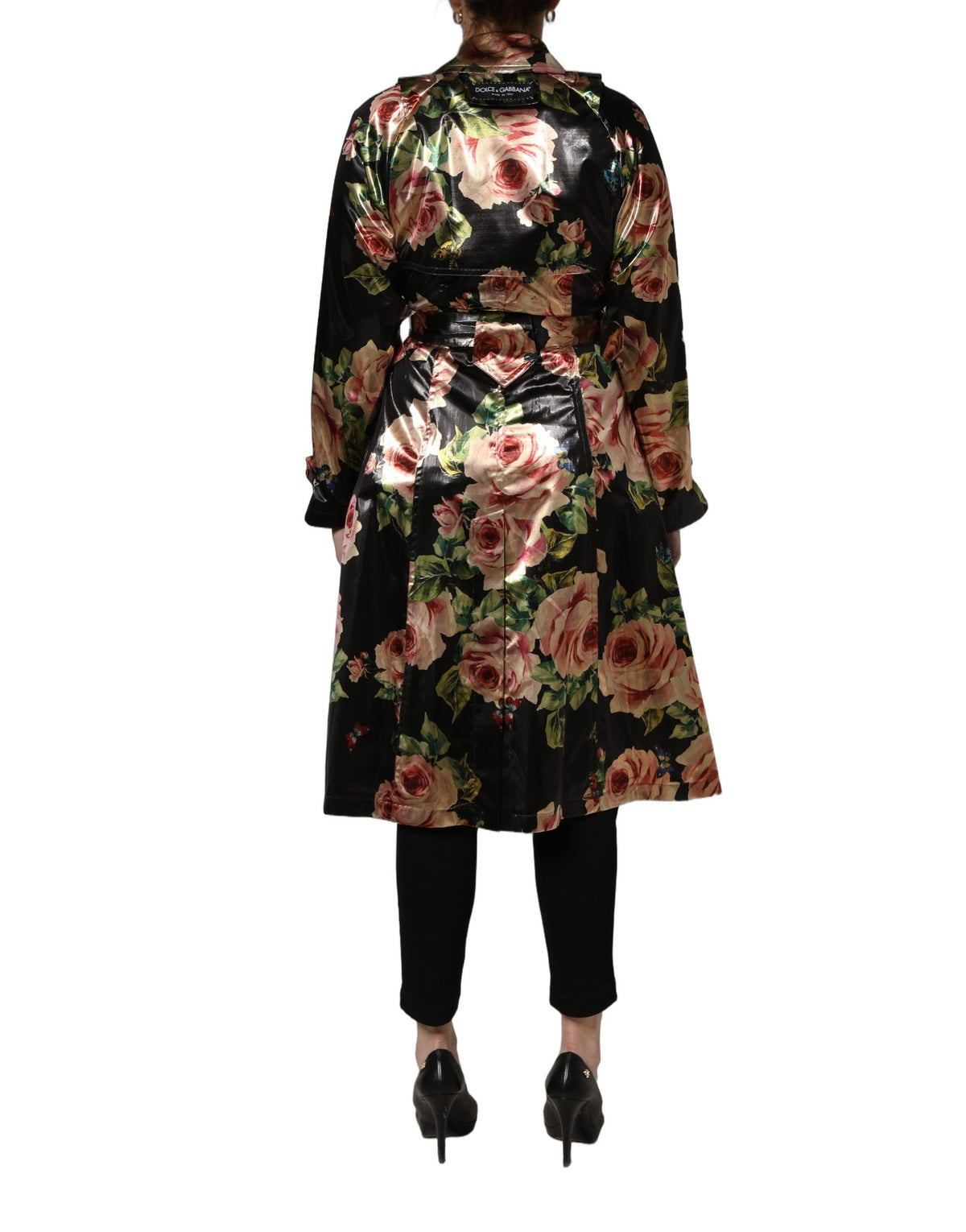 Dolce & Gabbana Black Floral Belted Polyester Trench Coat Women's Jacket