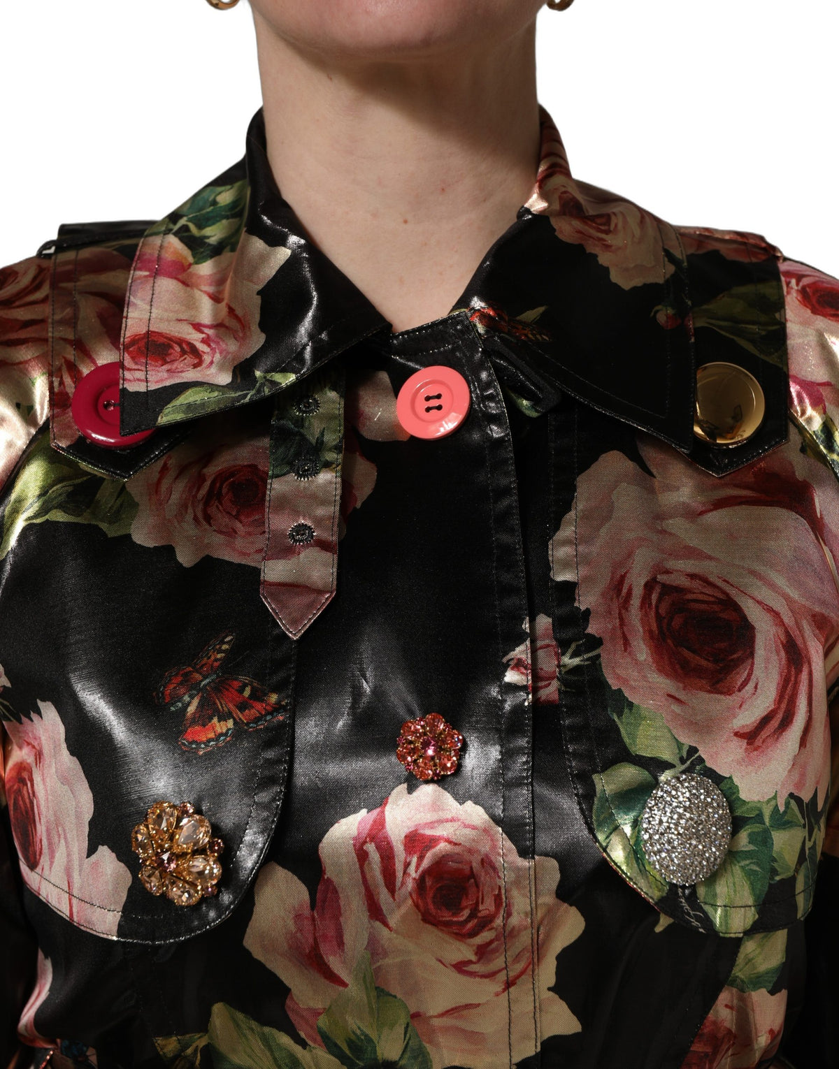 Dolce & Gabbana Black Floral Belted Polyester Trench Coat Women's Jacket