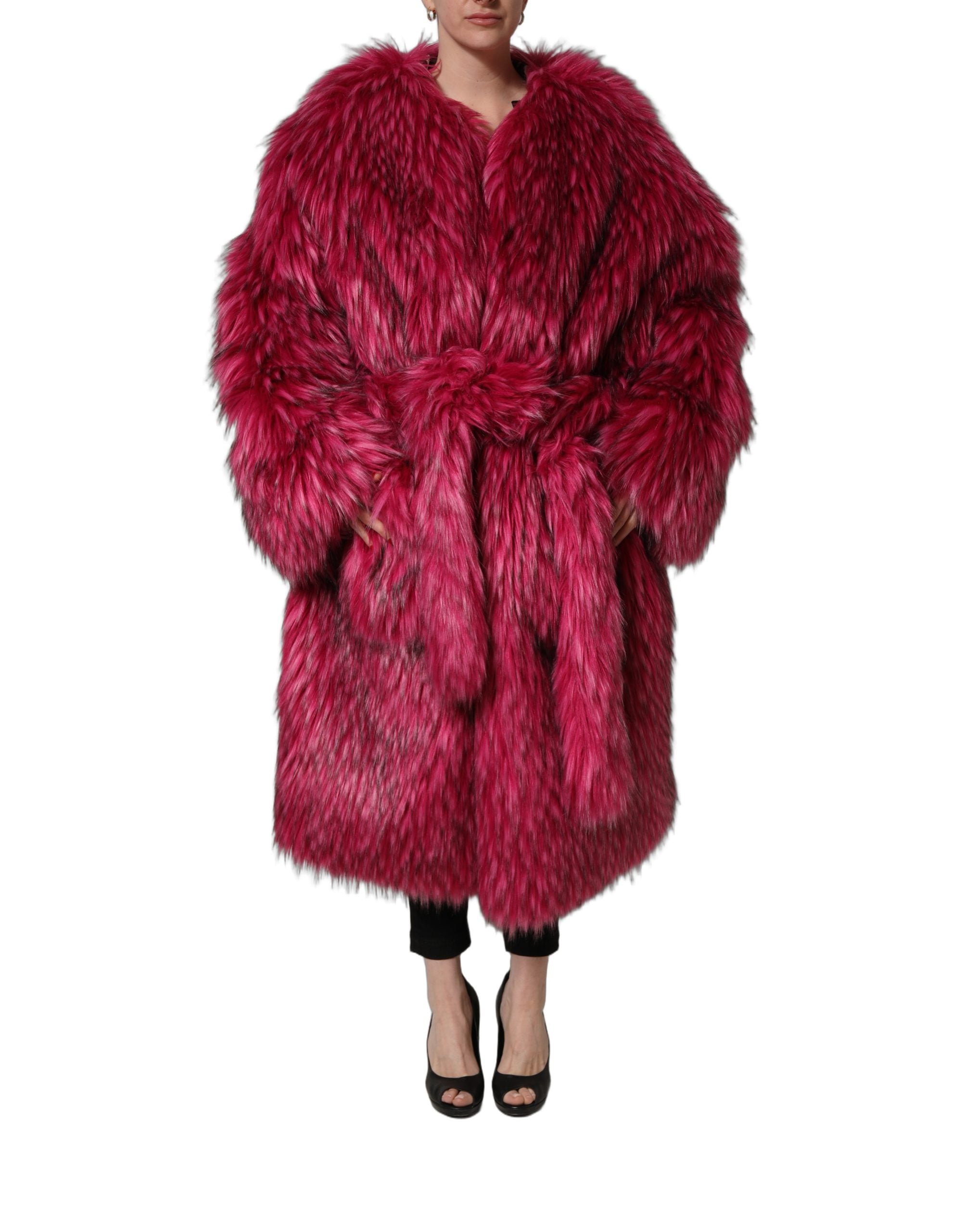 Dolce & Gabbana Fuchsia Belted Faux-Fur Trench Coat Women's Jacket