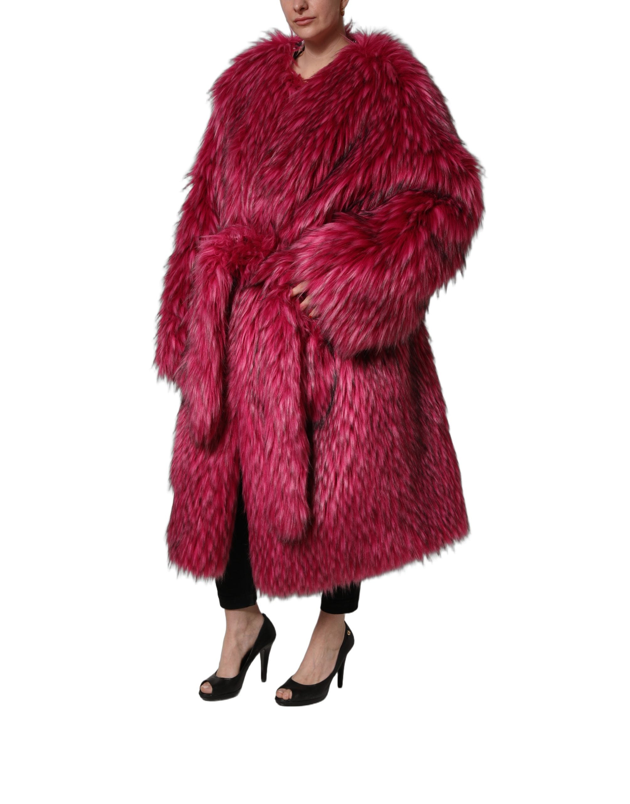 Dolce & Gabbana Fuchsia Belted Faux-Fur Trench Coat Women's Jacket