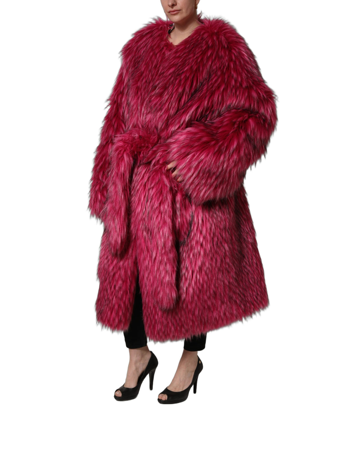 Dolce & Gabbana Fuchsia Belted Faux-Fur Trench Coat Women's Jacket