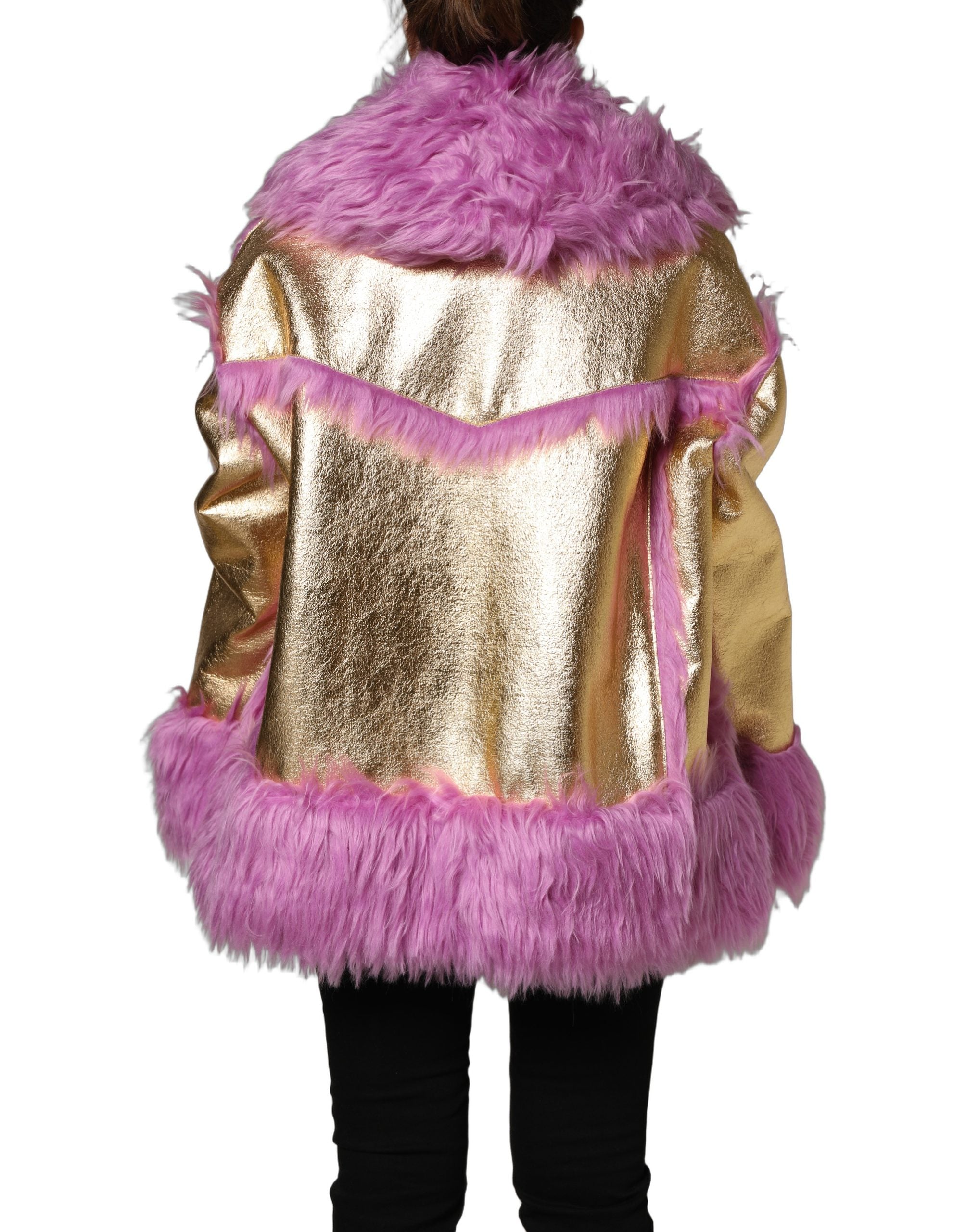 Dolce & Gabbana Pink Plush Faux Fur Gold Leather Coat Women's Jacket