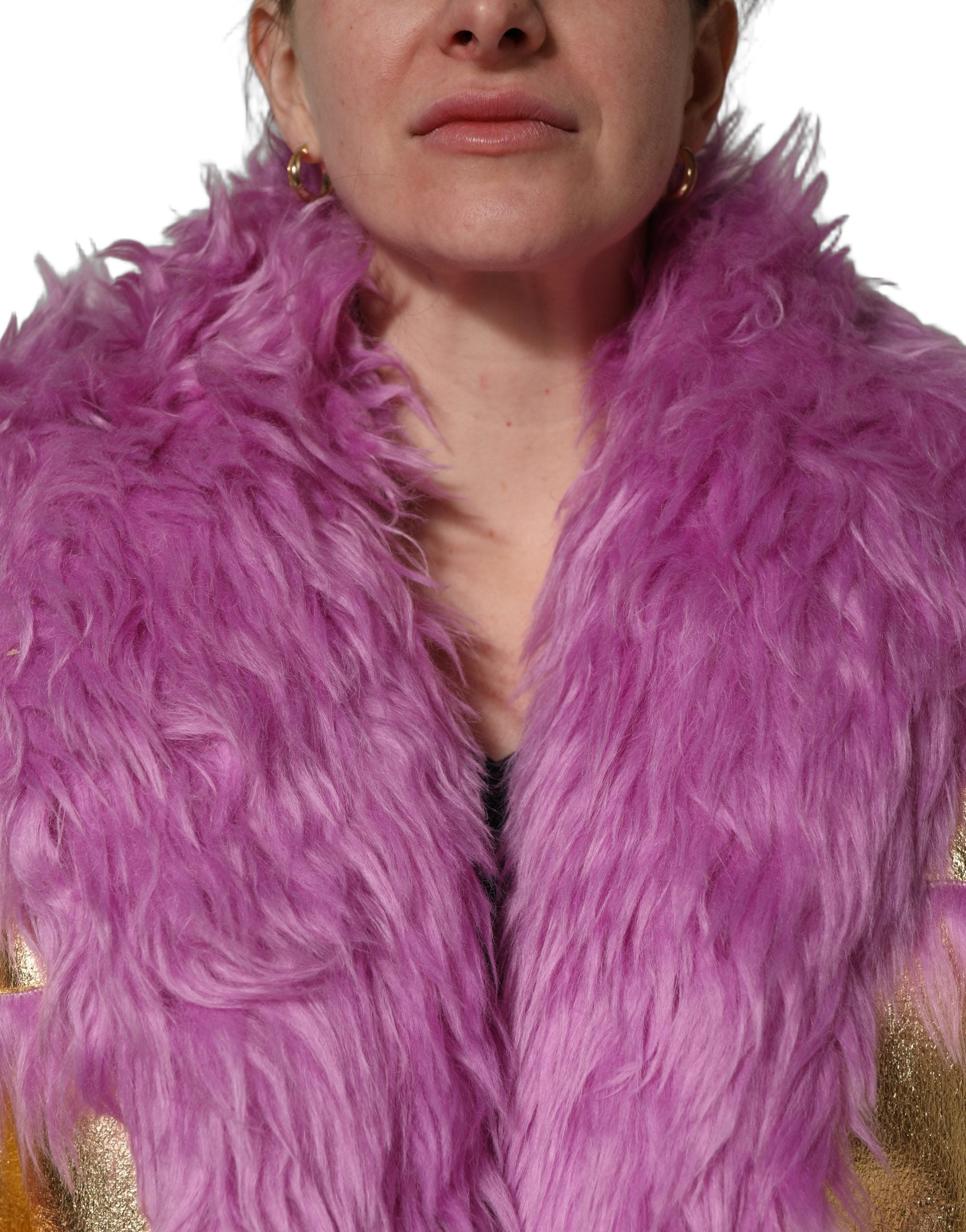 Dolce & Gabbana Pink Plush Faux Fur Gold Leather Coat Women's Jacket