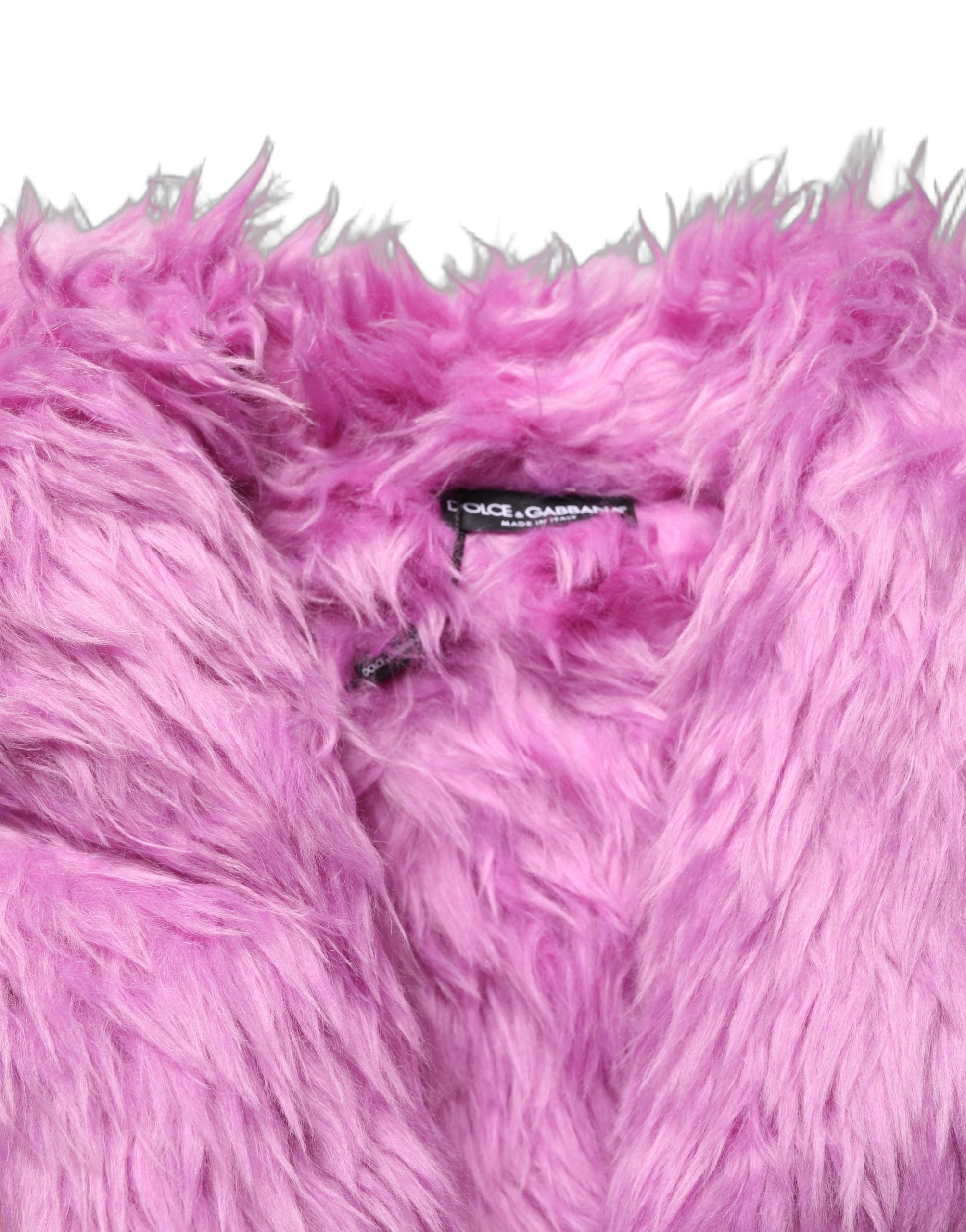 Dolce & Gabbana Pink Plush Faux Fur Gold Leather Coat Women's Jacket