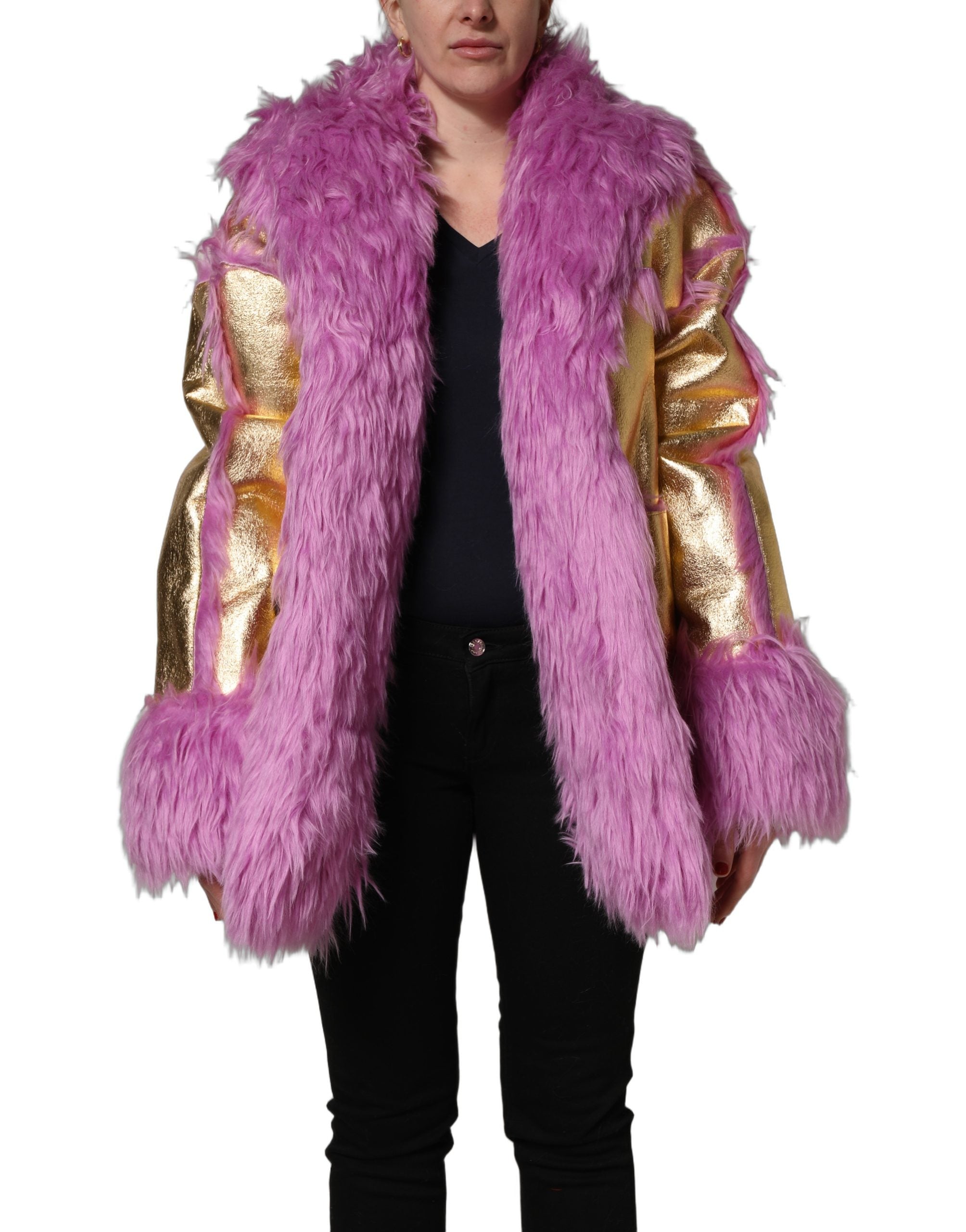 Dolce & Gabbana Pink Plush Faux Fur Gold Leather Coat Women's Jacket