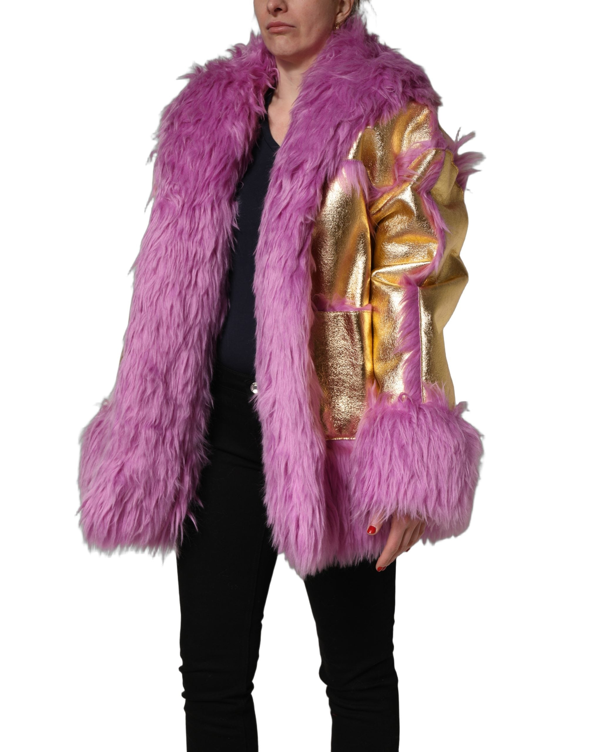Dolce & Gabbana Pink Plush Faux Fur Gold Leather Coat Women's Jacket