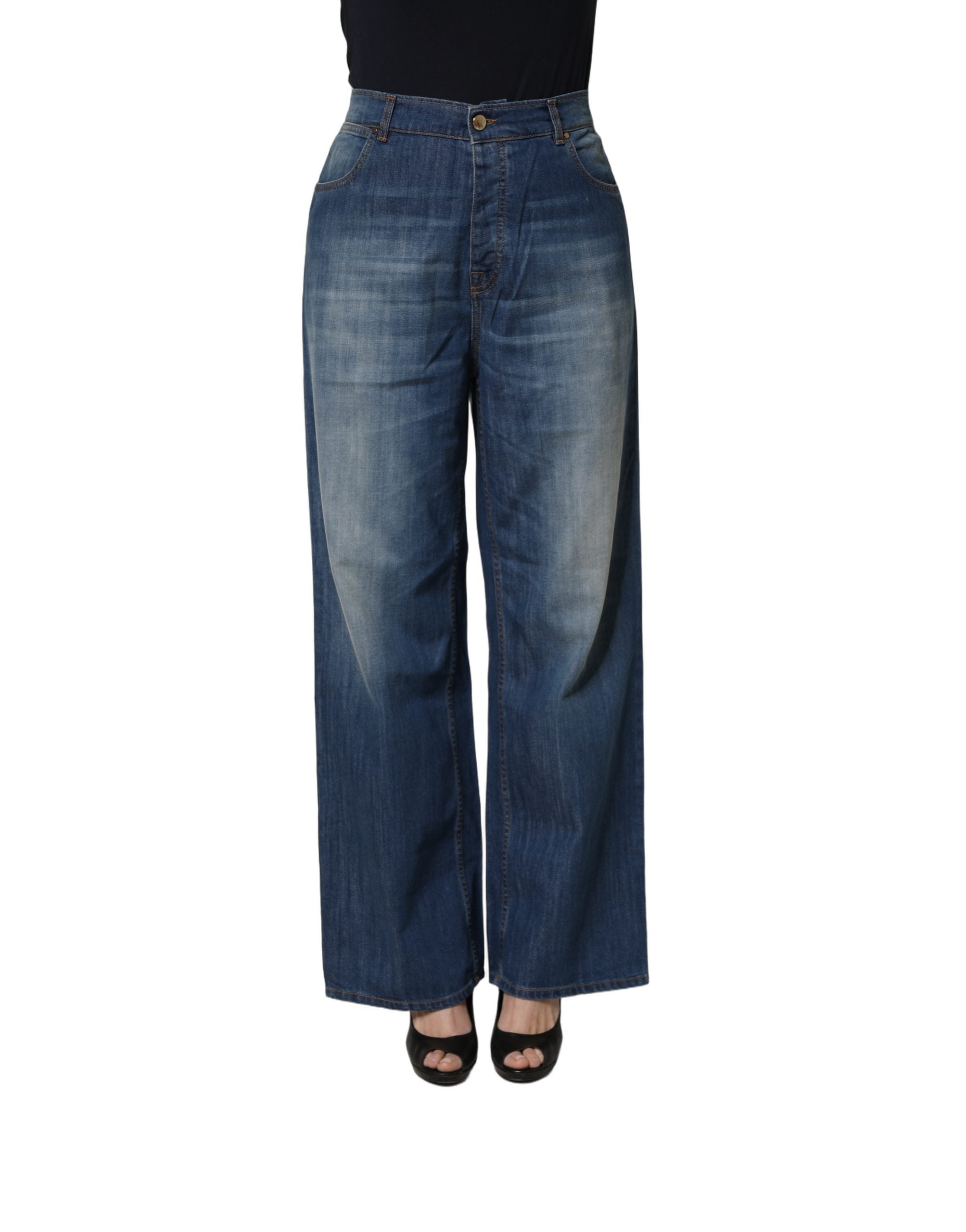 PINKO Blue Washed High Waist Wide Leg Denim Cotton Stretch Women's Jeans (Pre-Owned)
