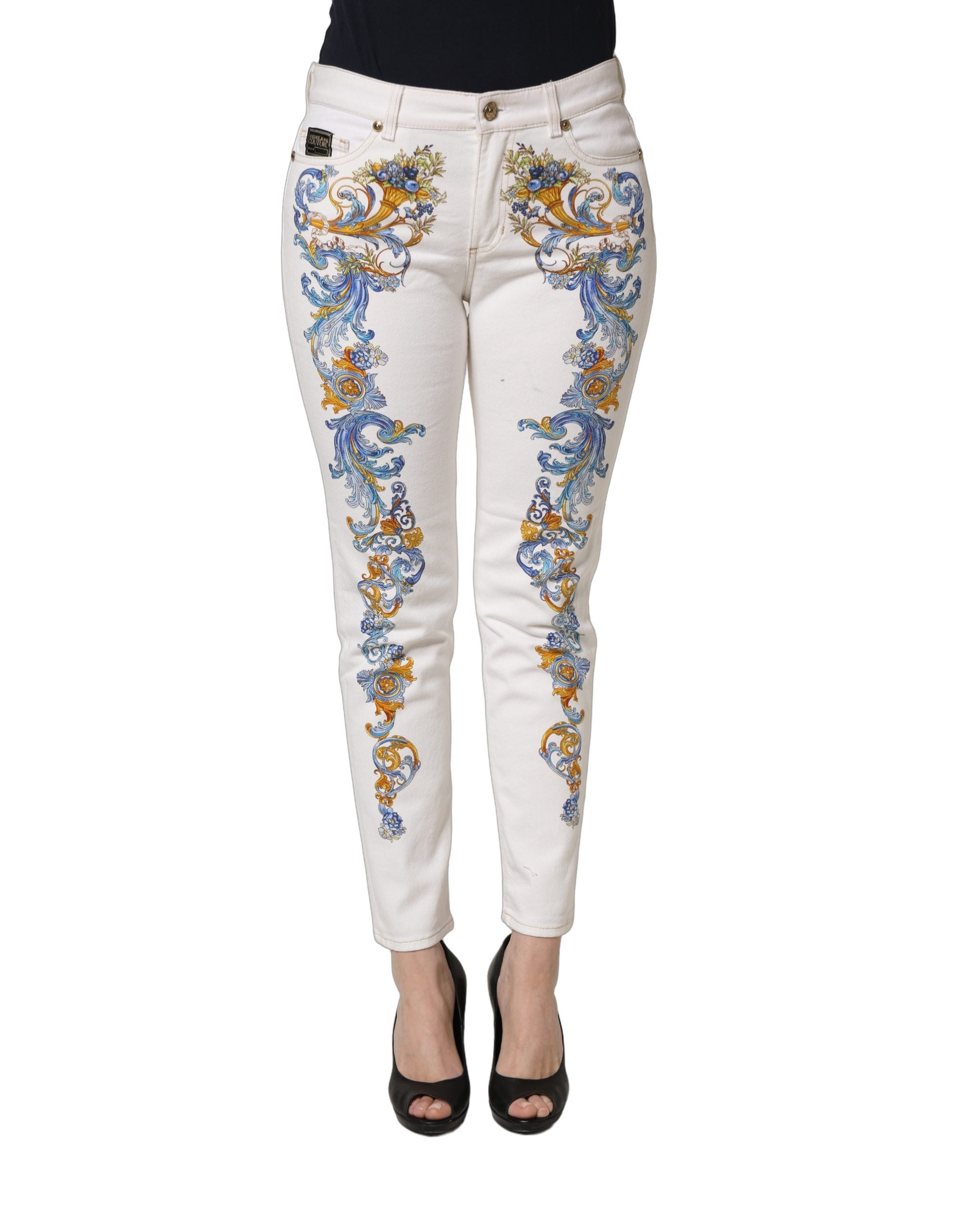 Versace Jeans Couture White Floral Print Skinny Denim Women's Jeans (Pre-Owned)