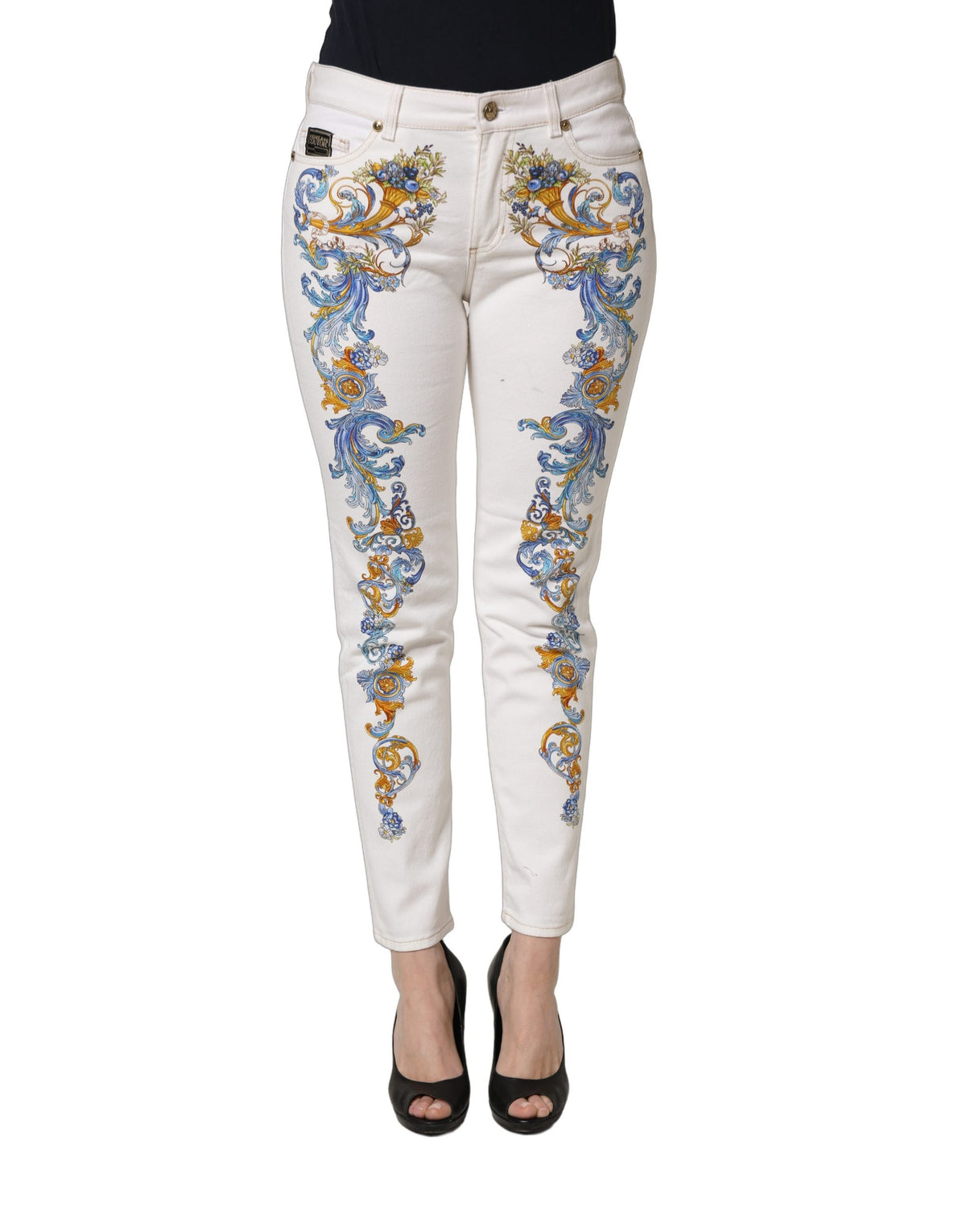 Versace Jeans Couture White Floral Print Skinny Denim Women's Jeans (Pre-Owned)