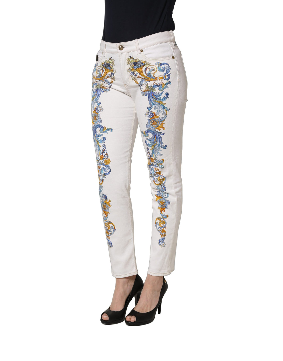 Versace Jeans Couture White Floral Print Skinny Denim Women's Jeans (Pre-Owned)