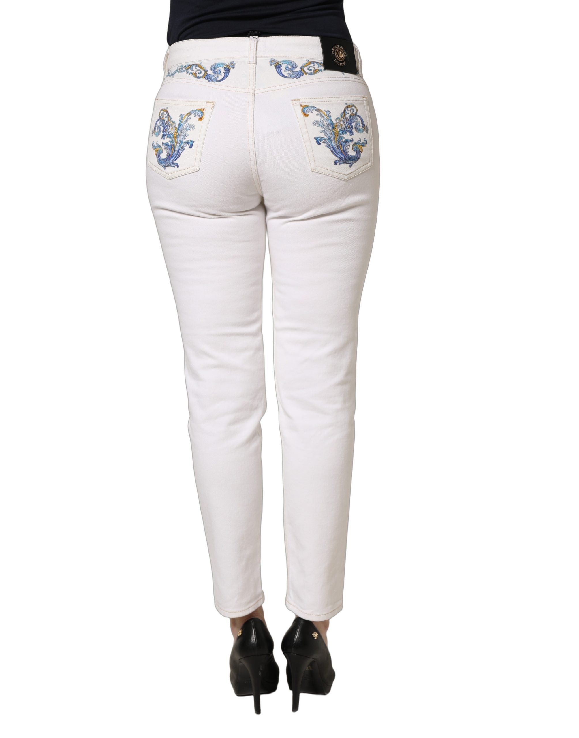 Versace Jeans Couture White Floral Print Skinny Denim Women's Jeans (Pre-Owned)