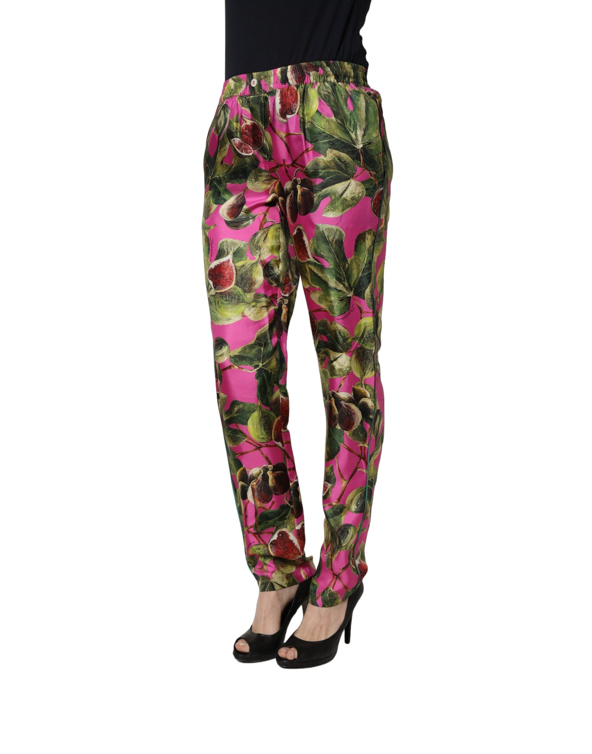 Dolce & Gabbana Fuchsia Fig Fruit Leaf Tapered Trouser Women's Pants