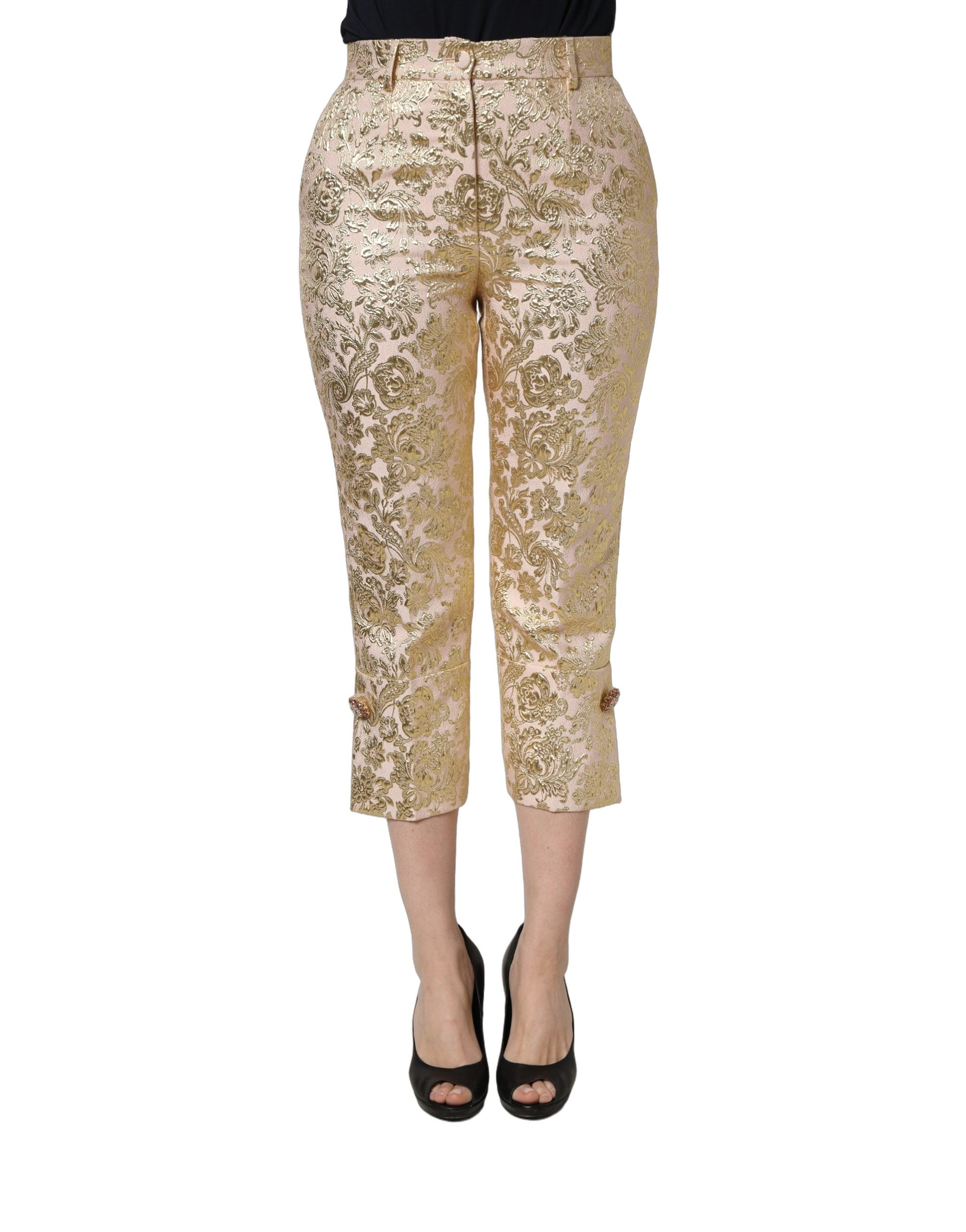 Dolce & Gabbana Gold Jacquard Floral Lamé Crop Trouser Women's Pants