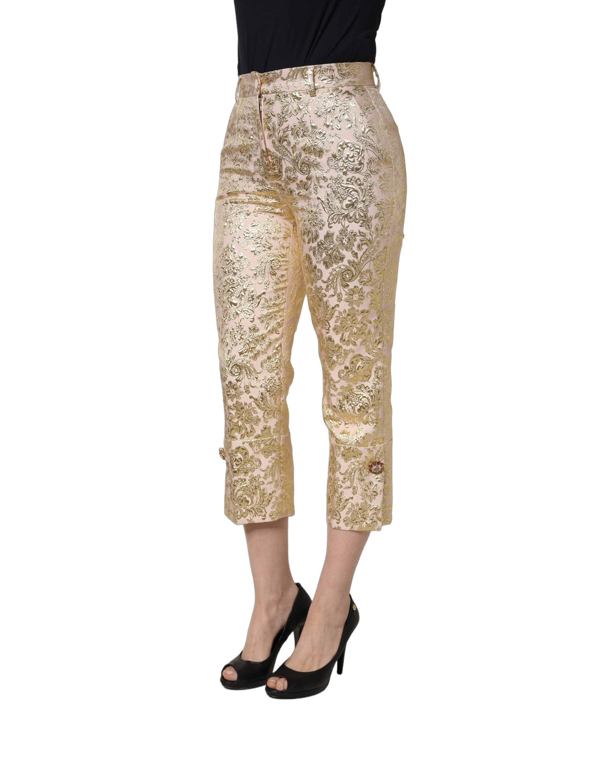Dolce & Gabbana Gold Jacquard Floral Lamé Crop Trouser Women's Pants