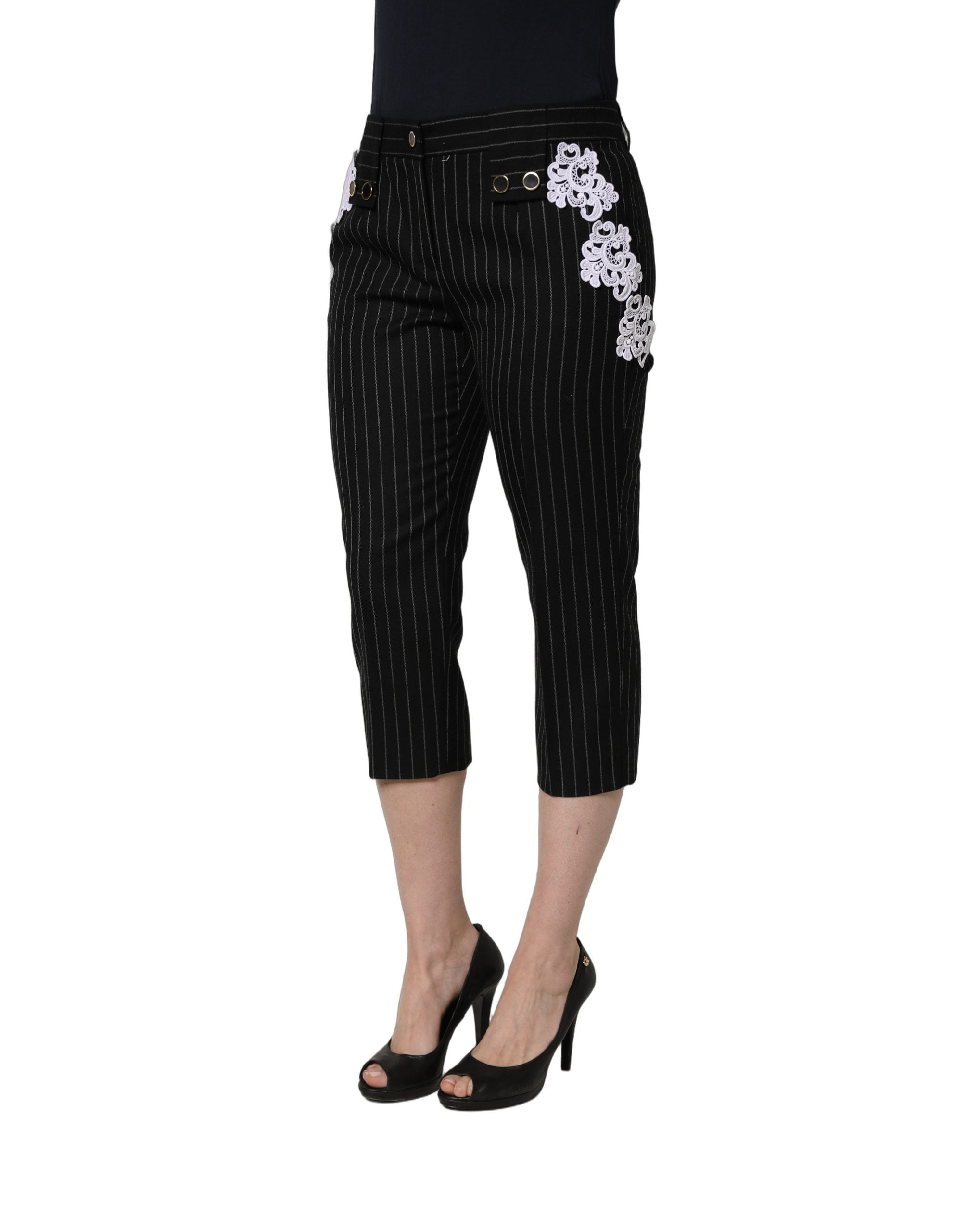Dolce & Gabbana Black Lace Applique Pinstripe Cropped Women's Pants