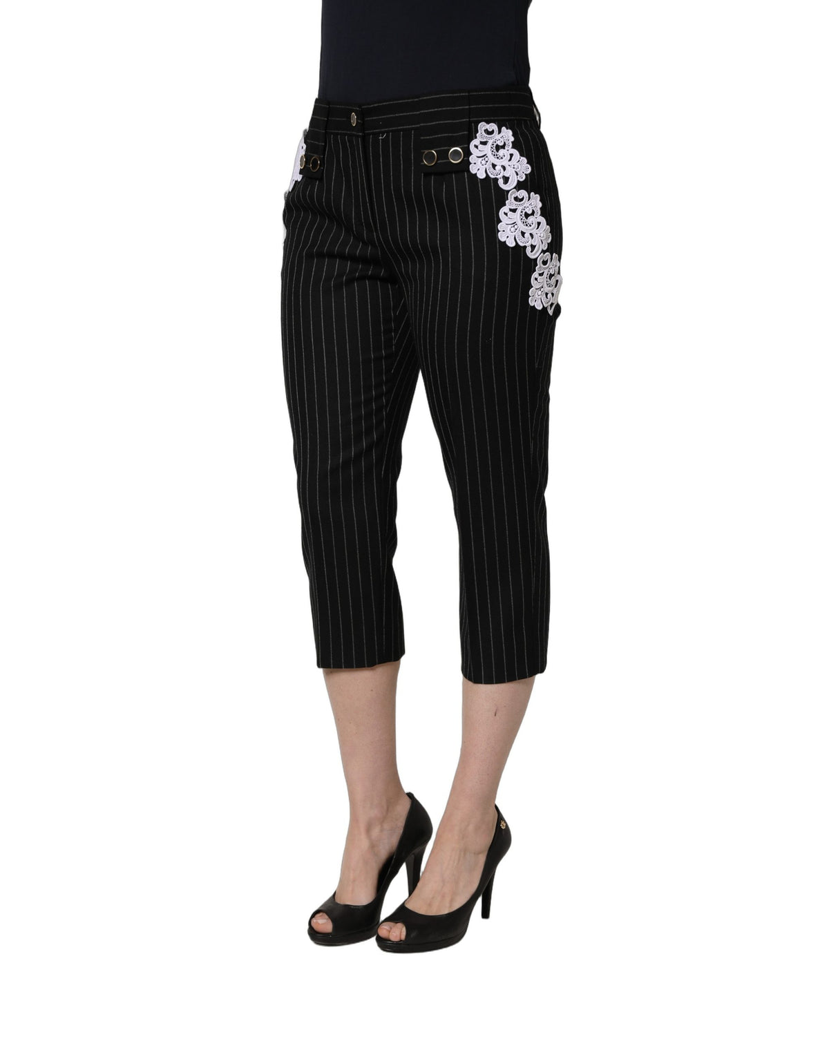 Dolce & Gabbana Black Lace Applique Pinstripe Cropped Women's Pants