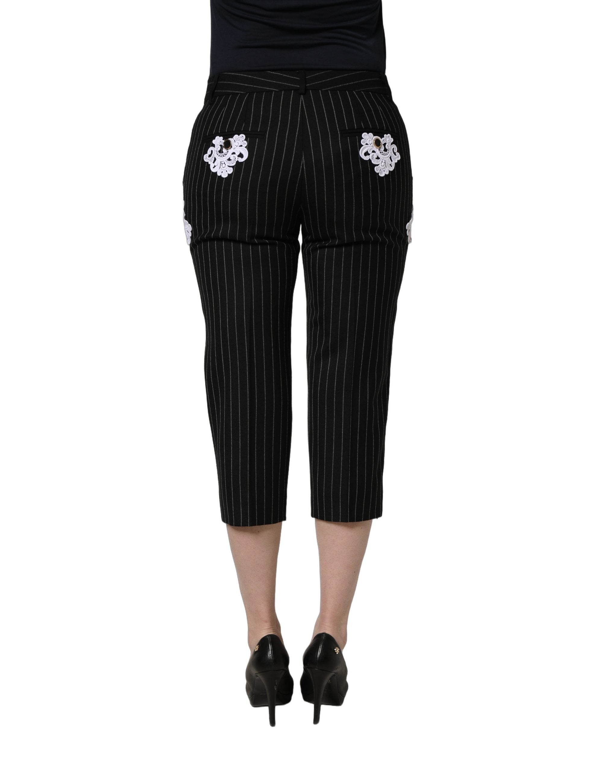 Dolce & Gabbana Black Lace Applique Pinstripe Cropped Women's Pants