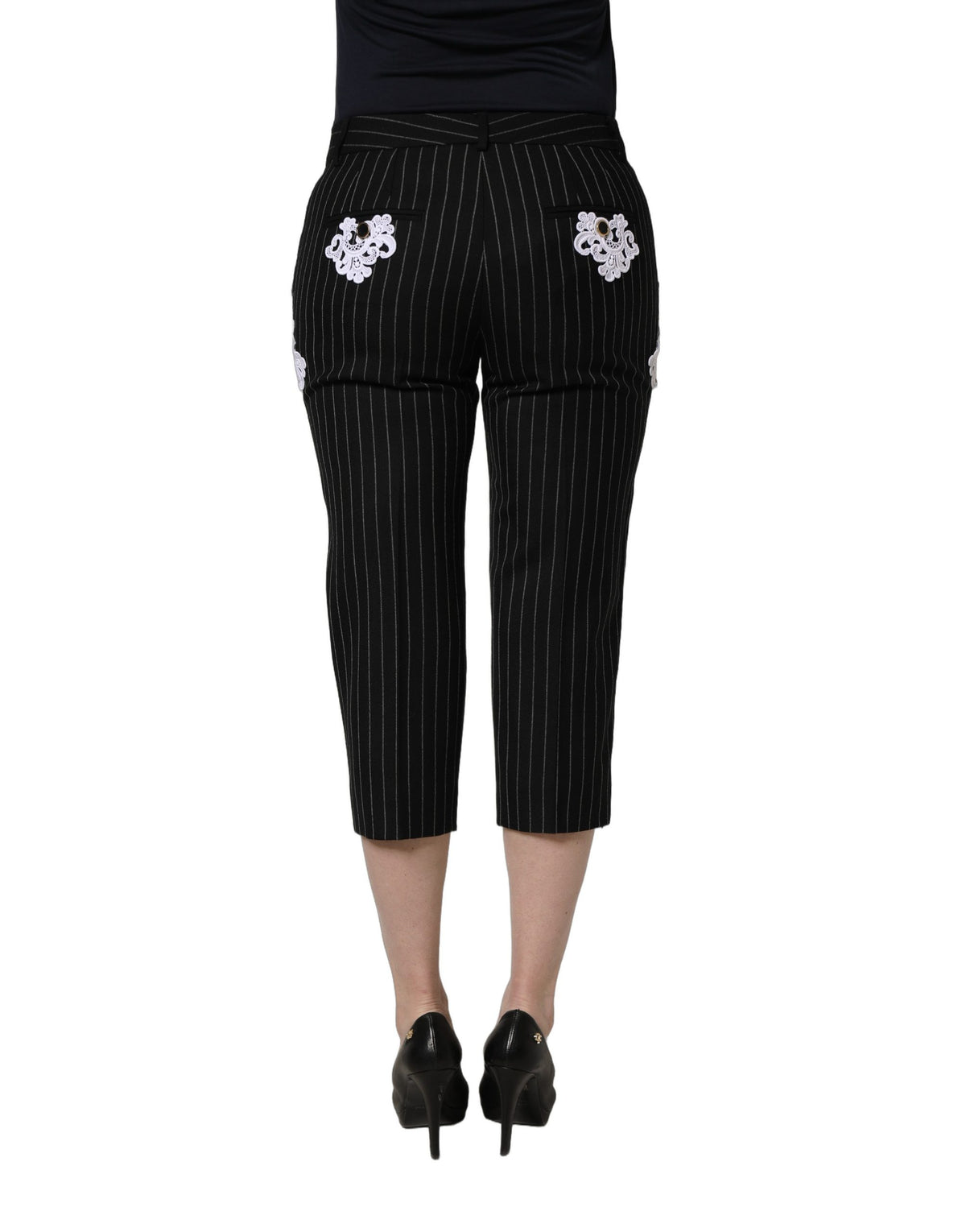 Dolce & Gabbana Black Lace Applique Pinstripe Cropped Women's Pants
