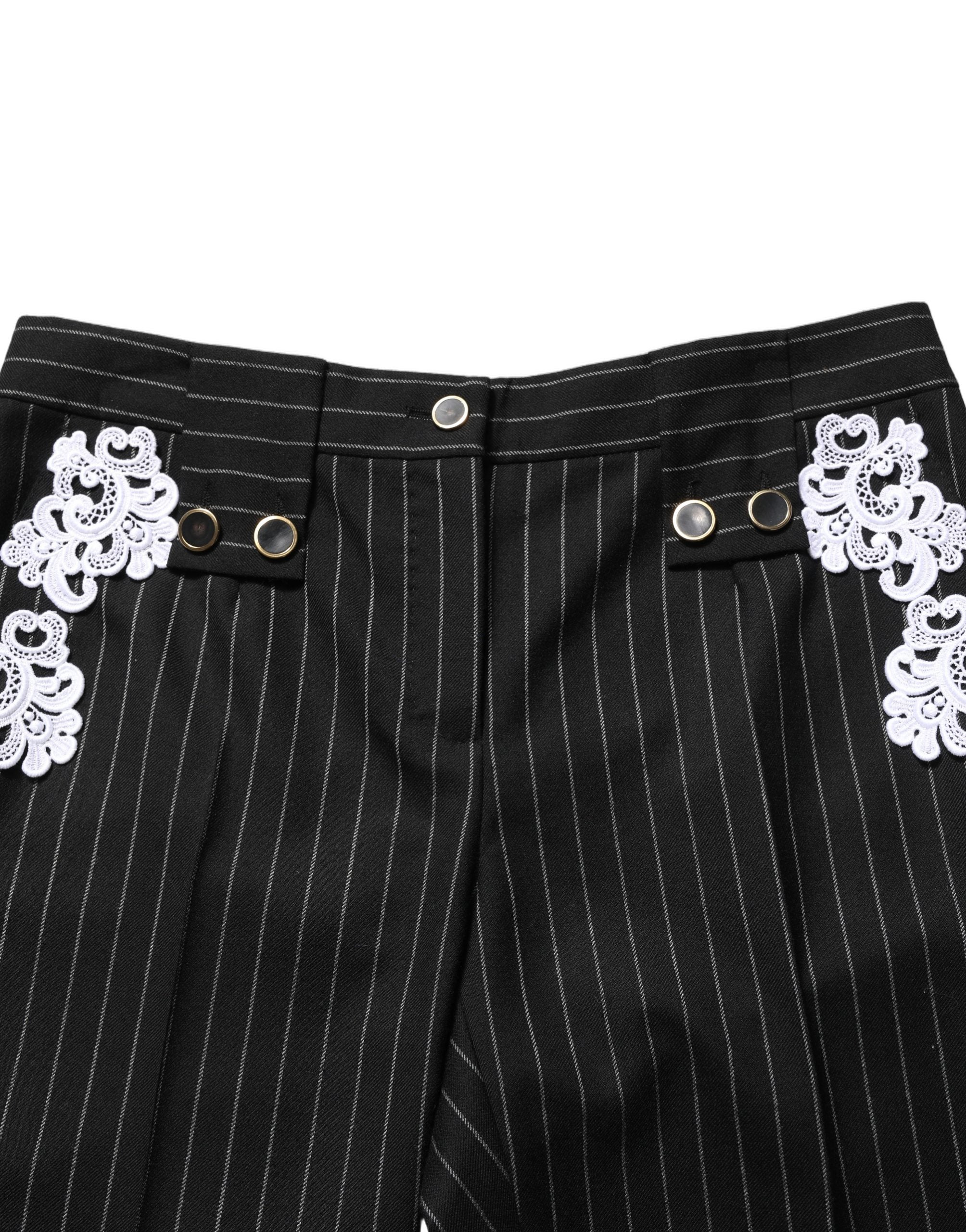 Dolce & Gabbana Black Lace Applique Pinstripe Cropped Women's Pants