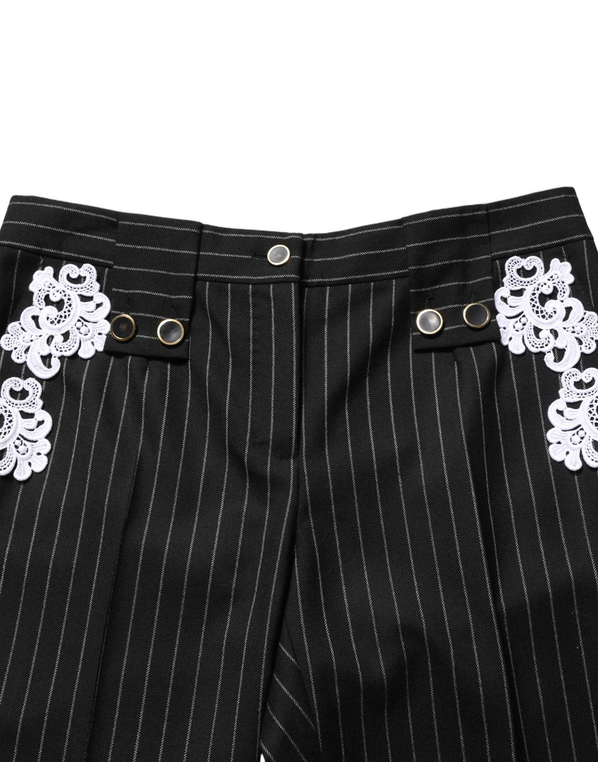 Dolce & Gabbana Black Lace Applique Pinstripe Cropped Women's Pants