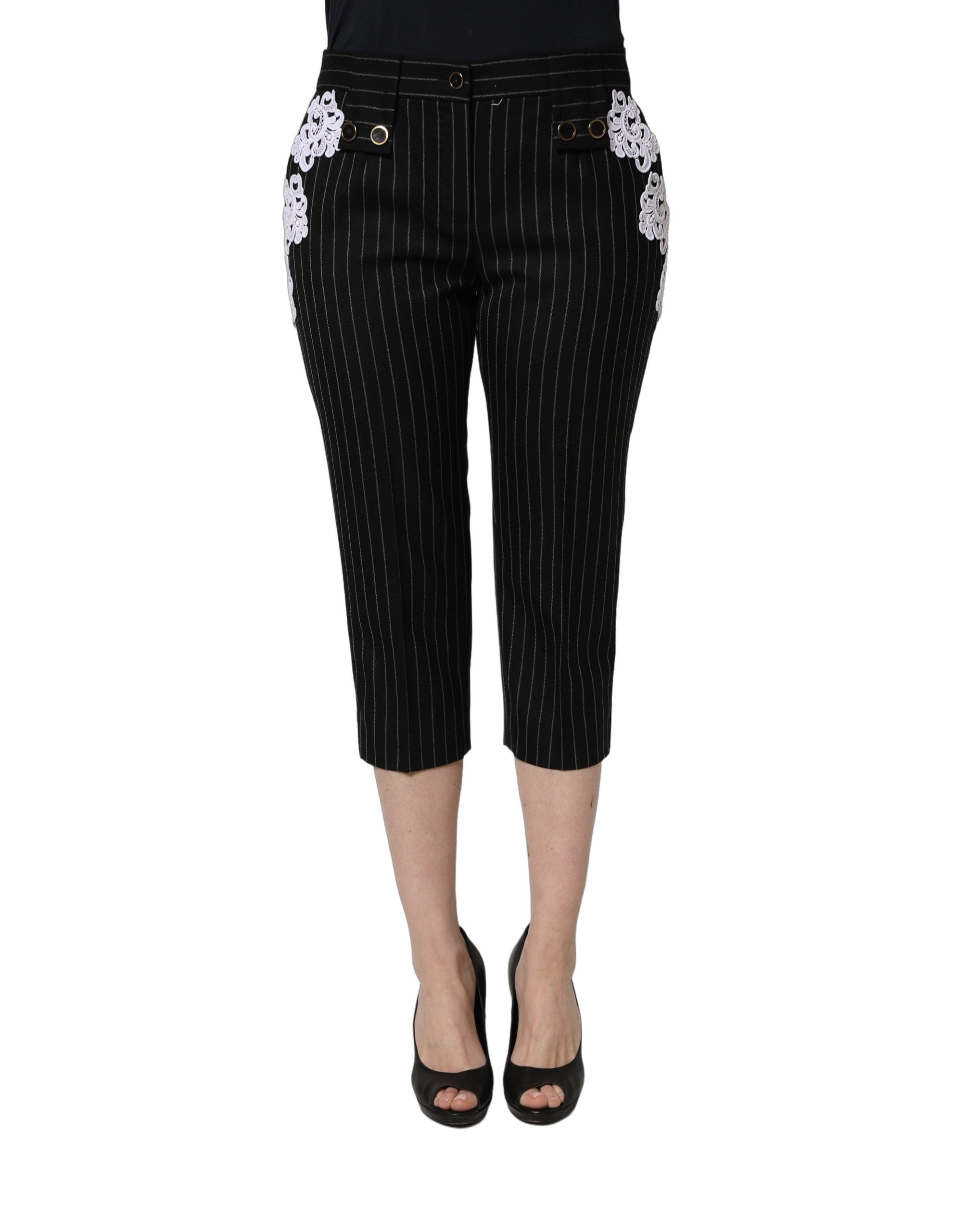 Dolce & Gabbana Black Lace Applique Pinstripe Cropped Women's Pants