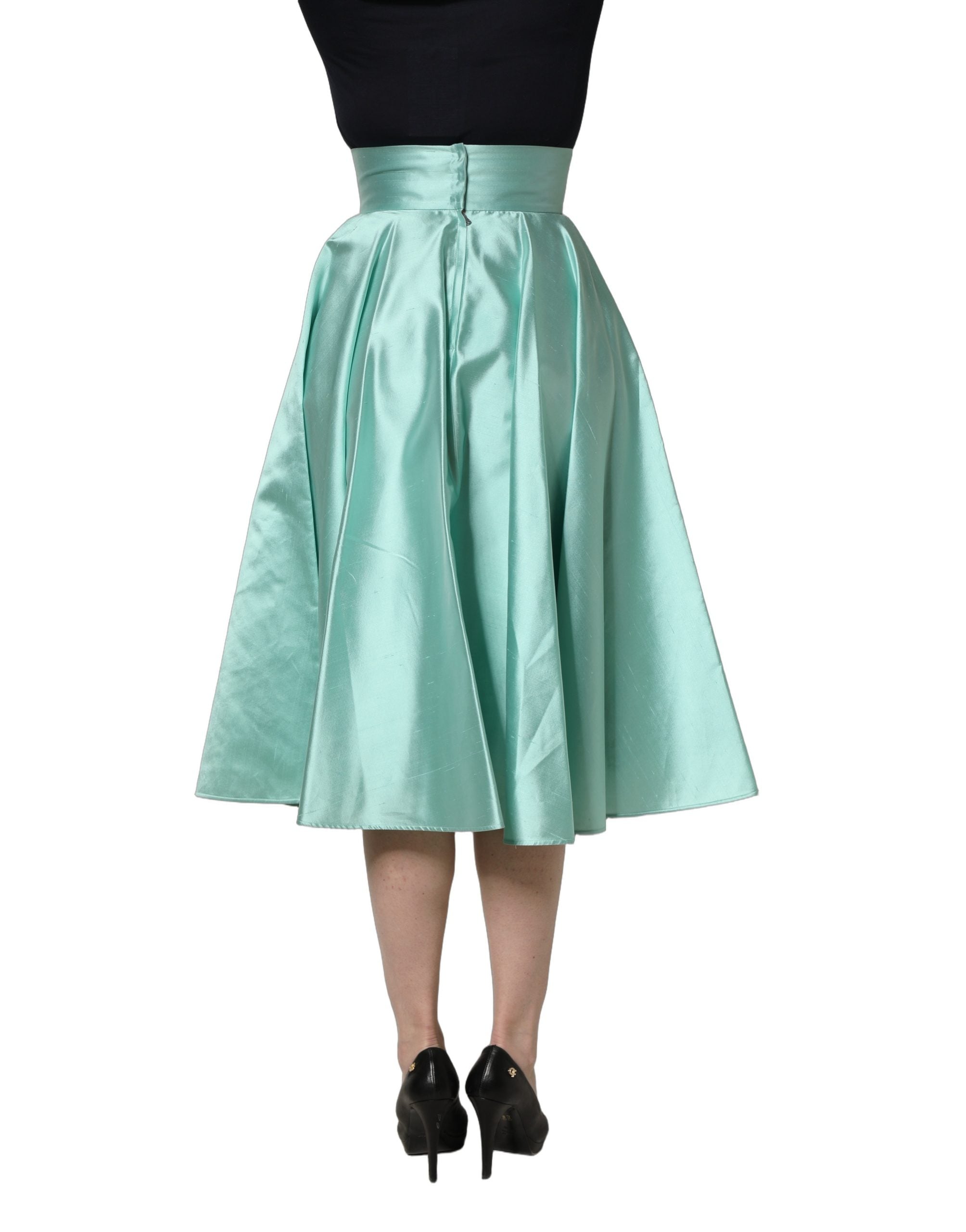 Dolce & Gabbana Green Satin High-Waisted Pleated A-line Midi Women's Skirt