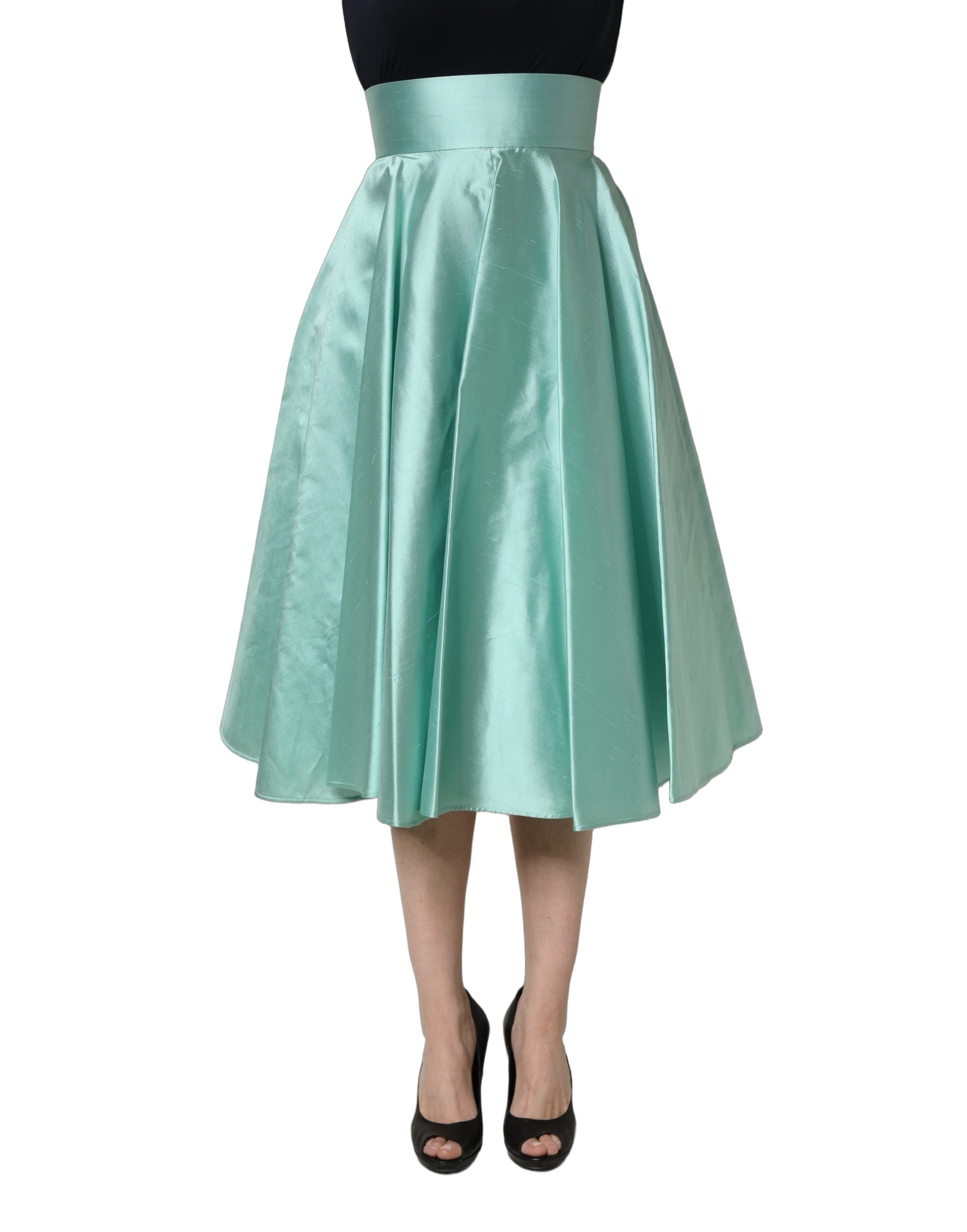 Dolce & Gabbana Green Satin High-Waisted Pleated A-line Midi Women's Skirt