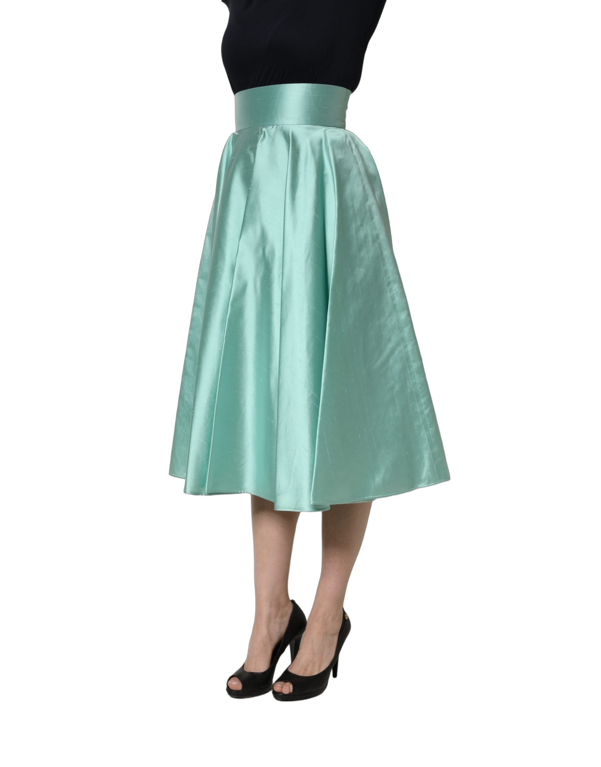 Dolce & Gabbana Green Satin High-Waisted Pleated A-line Midi Women's Skirt