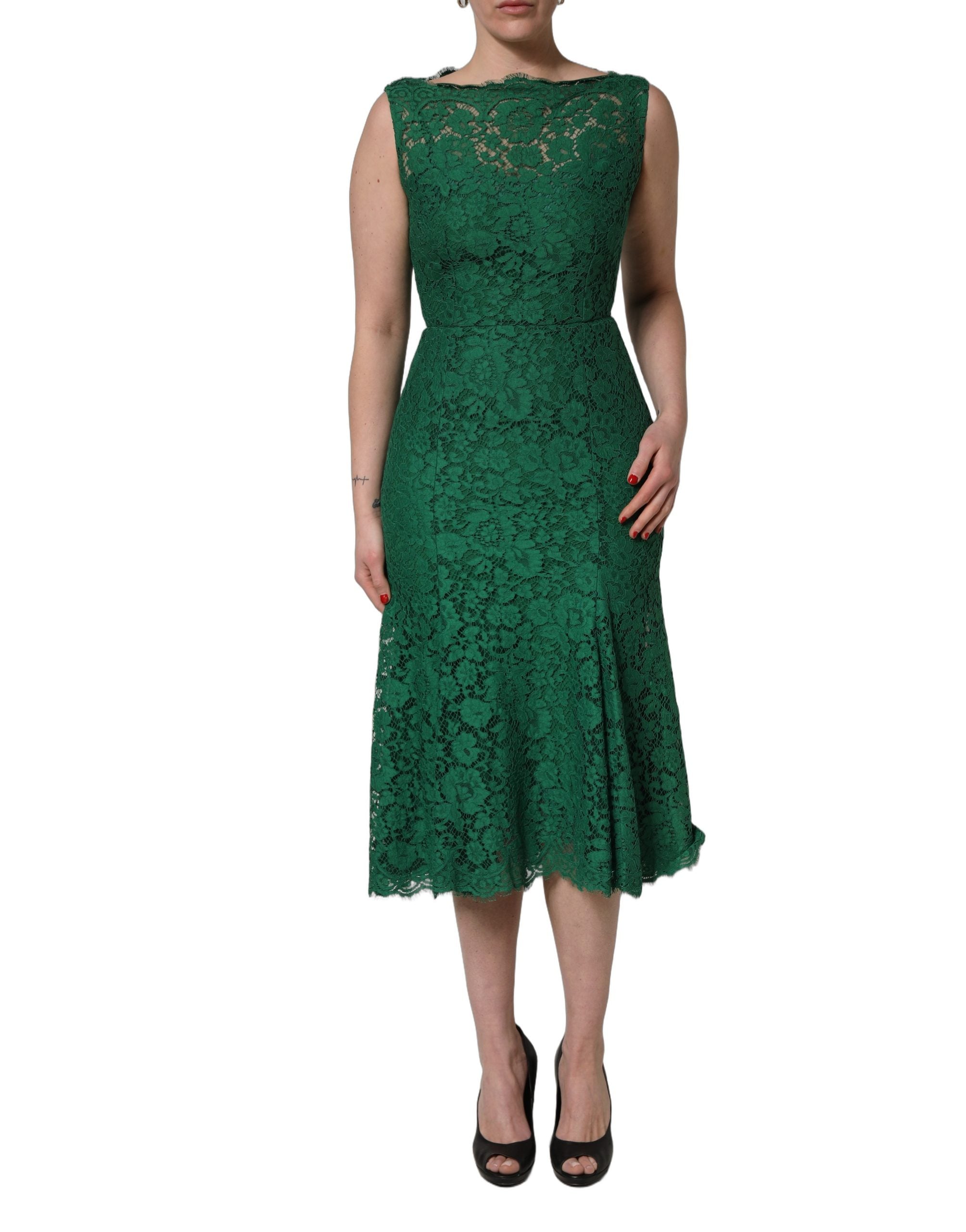 Dolce & Gabbana Green Floral Lace Cotton Sleeveless Midi Women's Dress