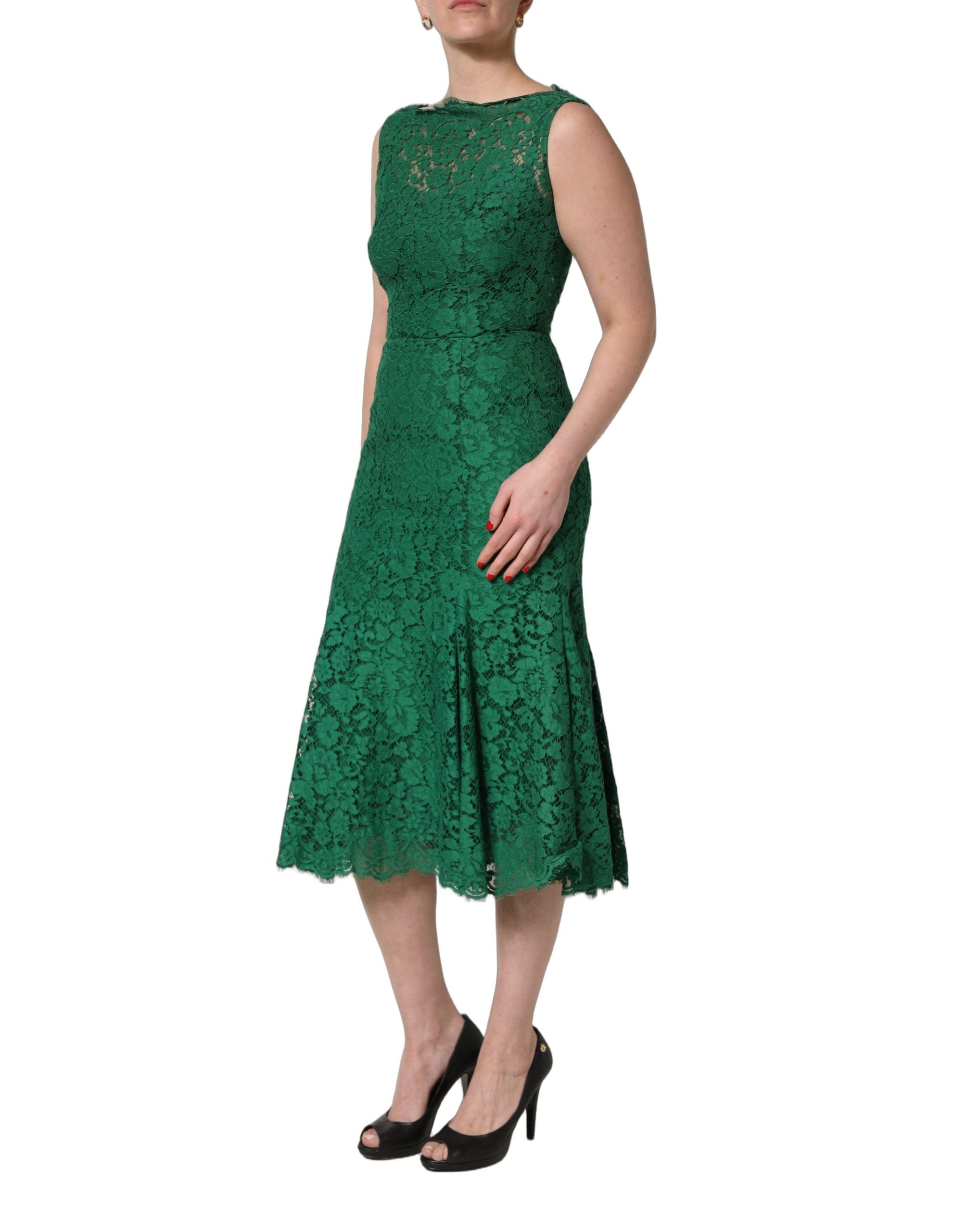 Dolce & Gabbana Green Floral Lace Cotton Sleeveless Midi Women's Dress