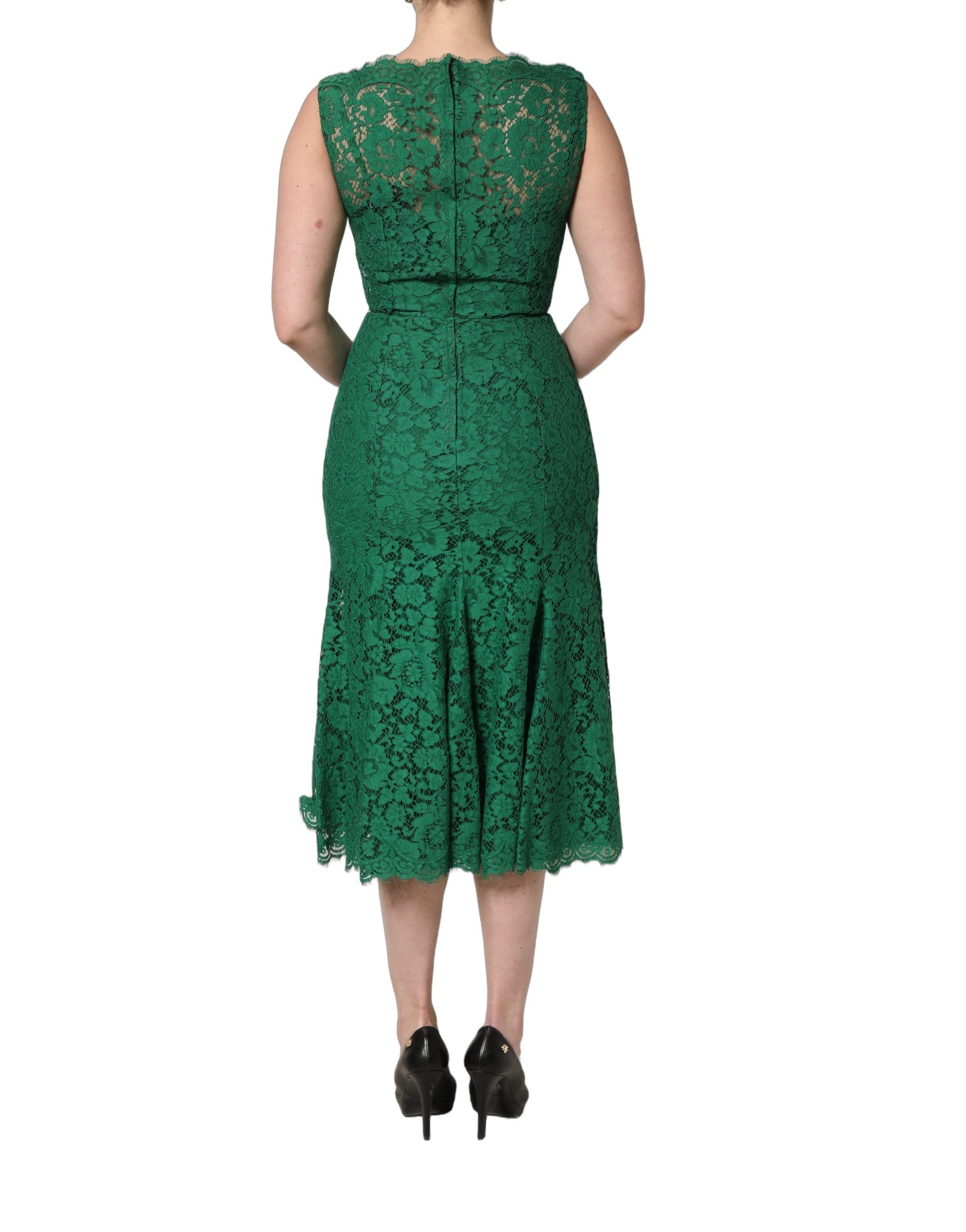 Dolce & Gabbana Green Floral Lace Cotton Sleeveless Midi Women's Dress
