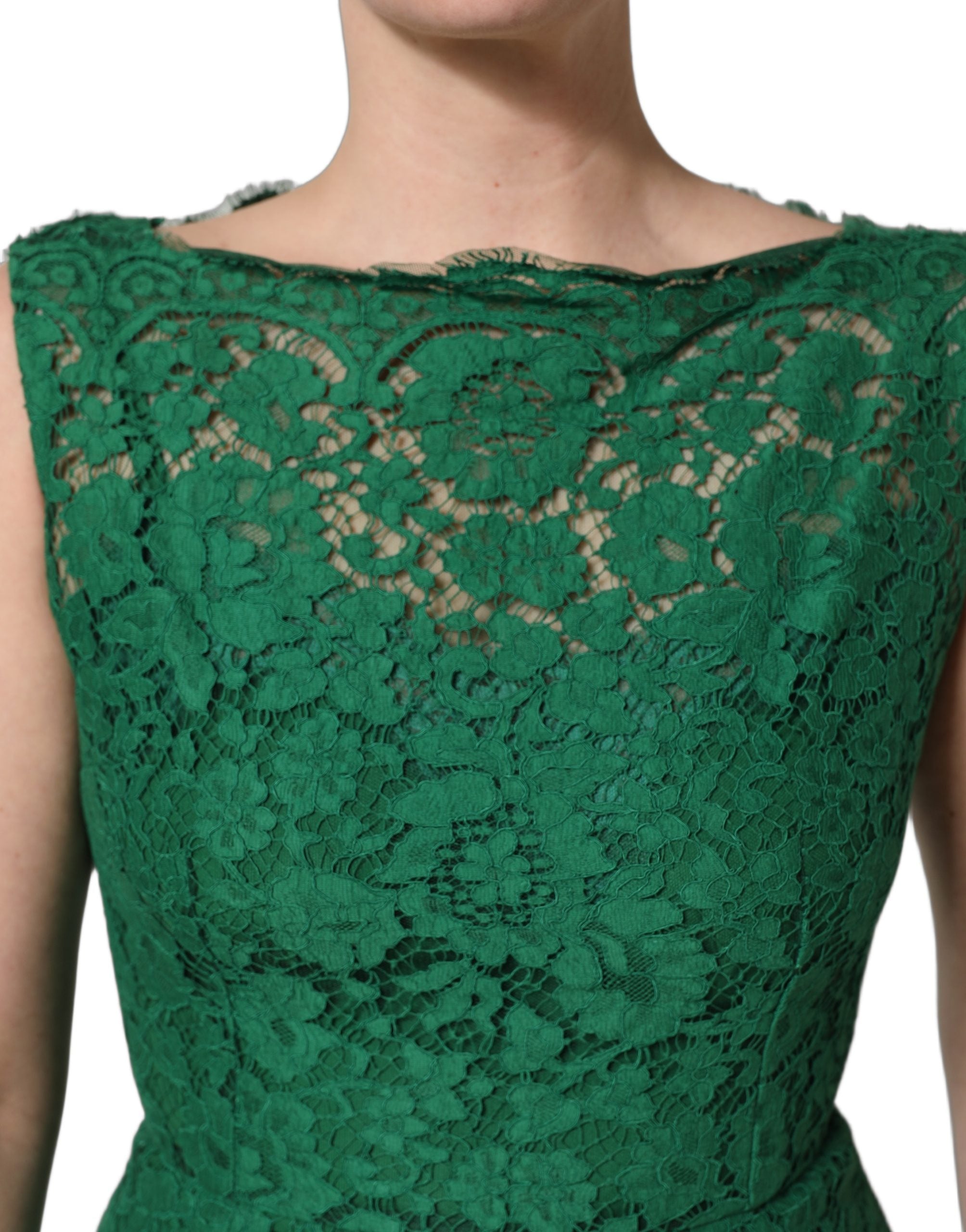 Dolce & Gabbana Green Floral Lace Cotton Sleeveless Midi Women's Dress
