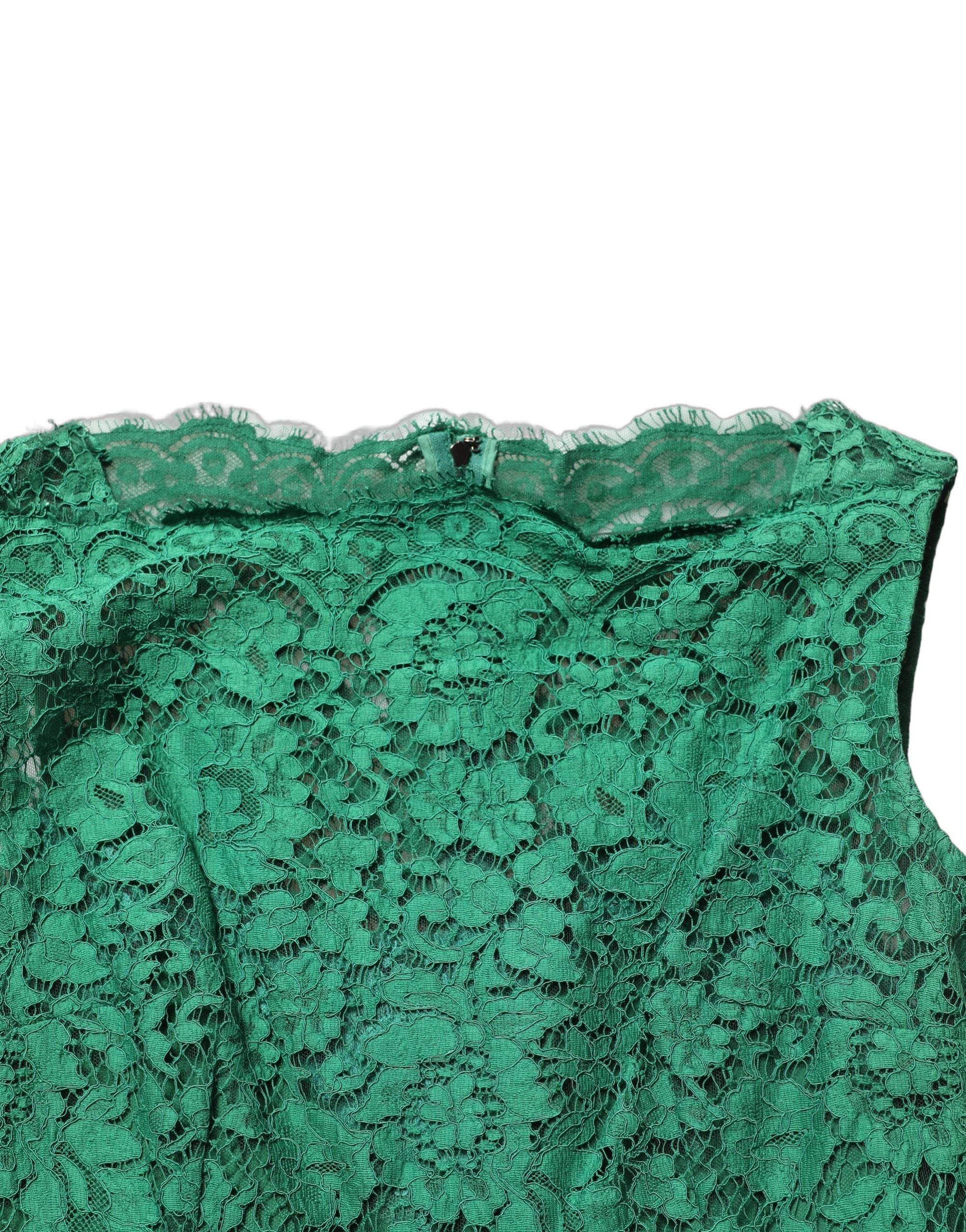 Dolce & Gabbana Green Floral Lace Cotton Sleeveless Midi Women's Dress