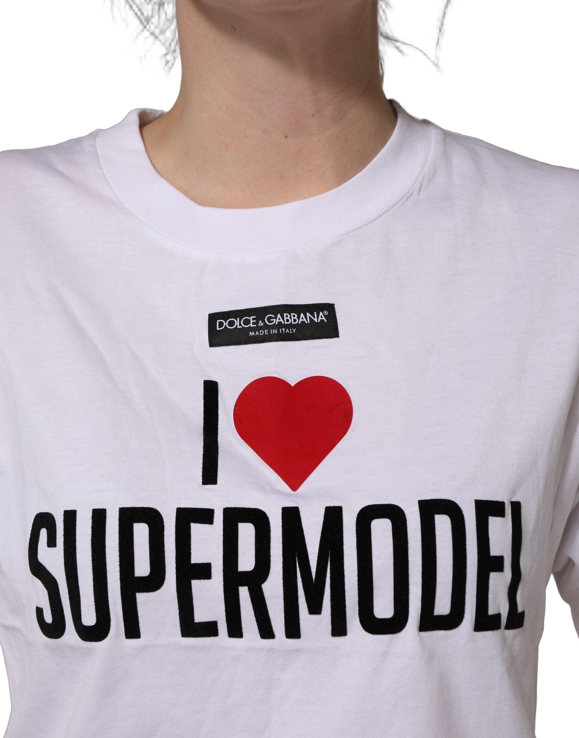 Dolce & Gabbana White I Love Supermodel Cotton Crew Neck Women's T-shirt (Pre-Owned)