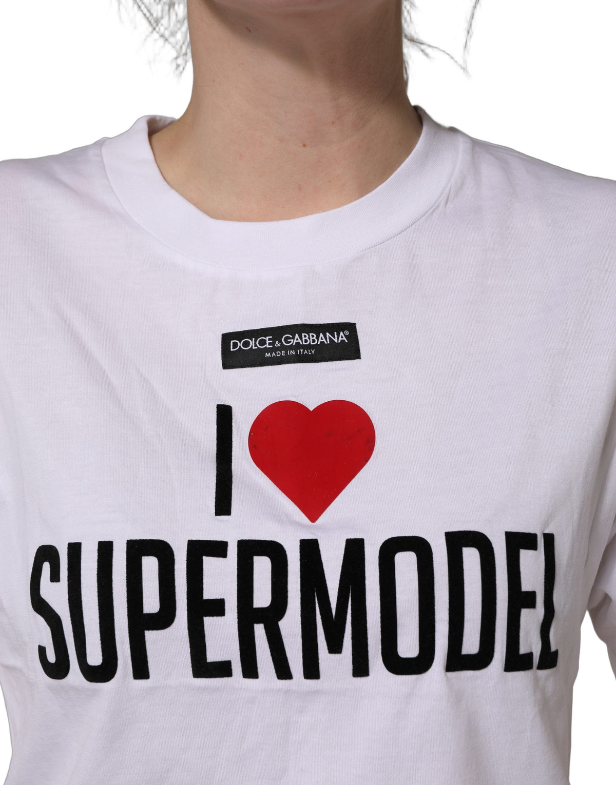Dolce & Gabbana White I Love Supermodel Cotton Crew Neck Women's T-shirt (Pre-Owned)