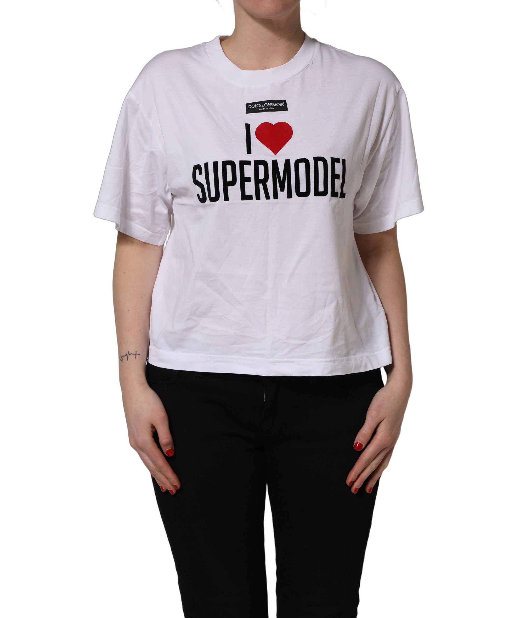 Dolce & Gabbana White I Love Supermodel Cotton Crew Neck Women's T-shirt (Pre-Owned)