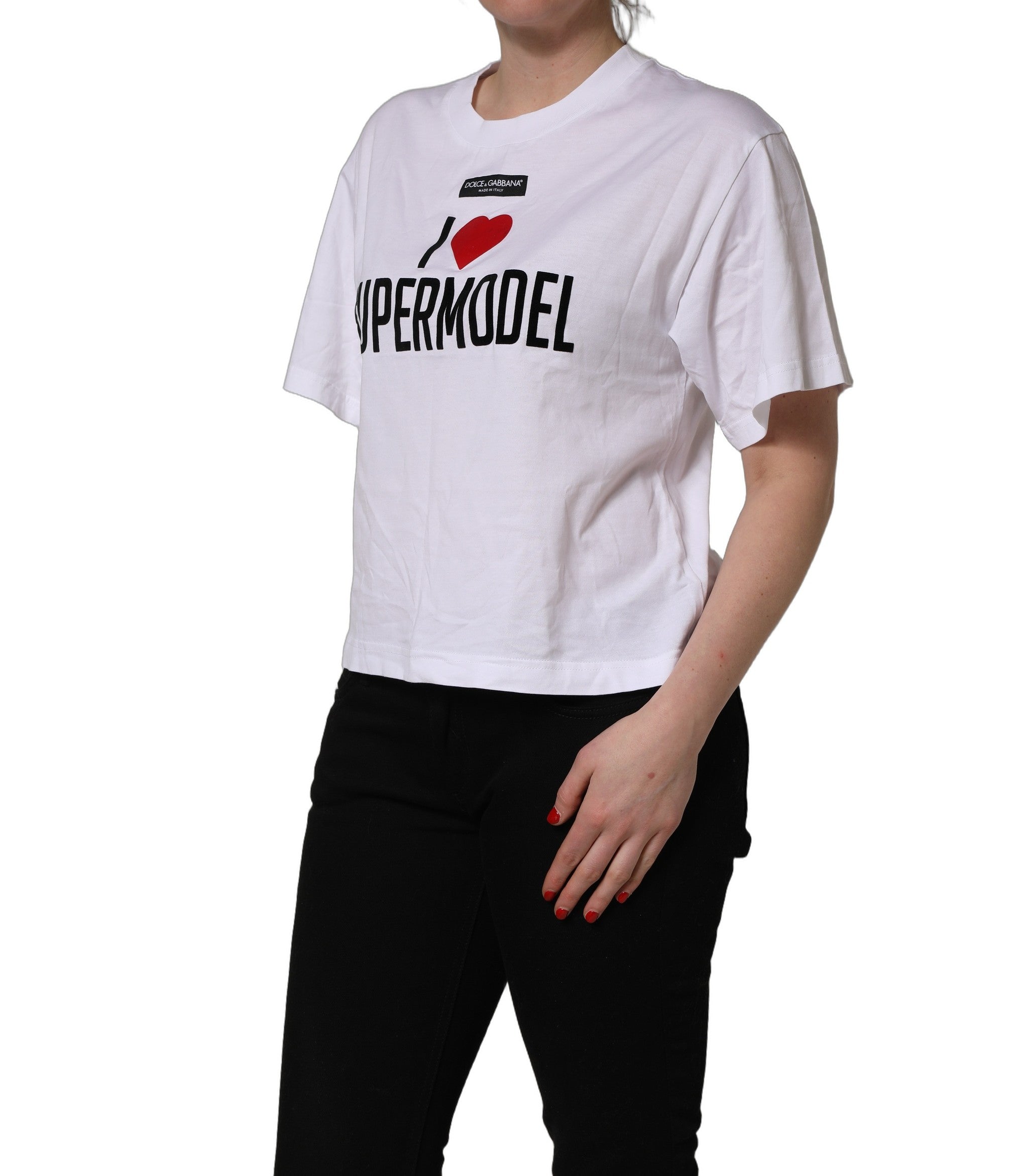 Dolce & Gabbana White I Love Supermodel Cotton Crew Neck Women's T-shirt (Pre-Owned)