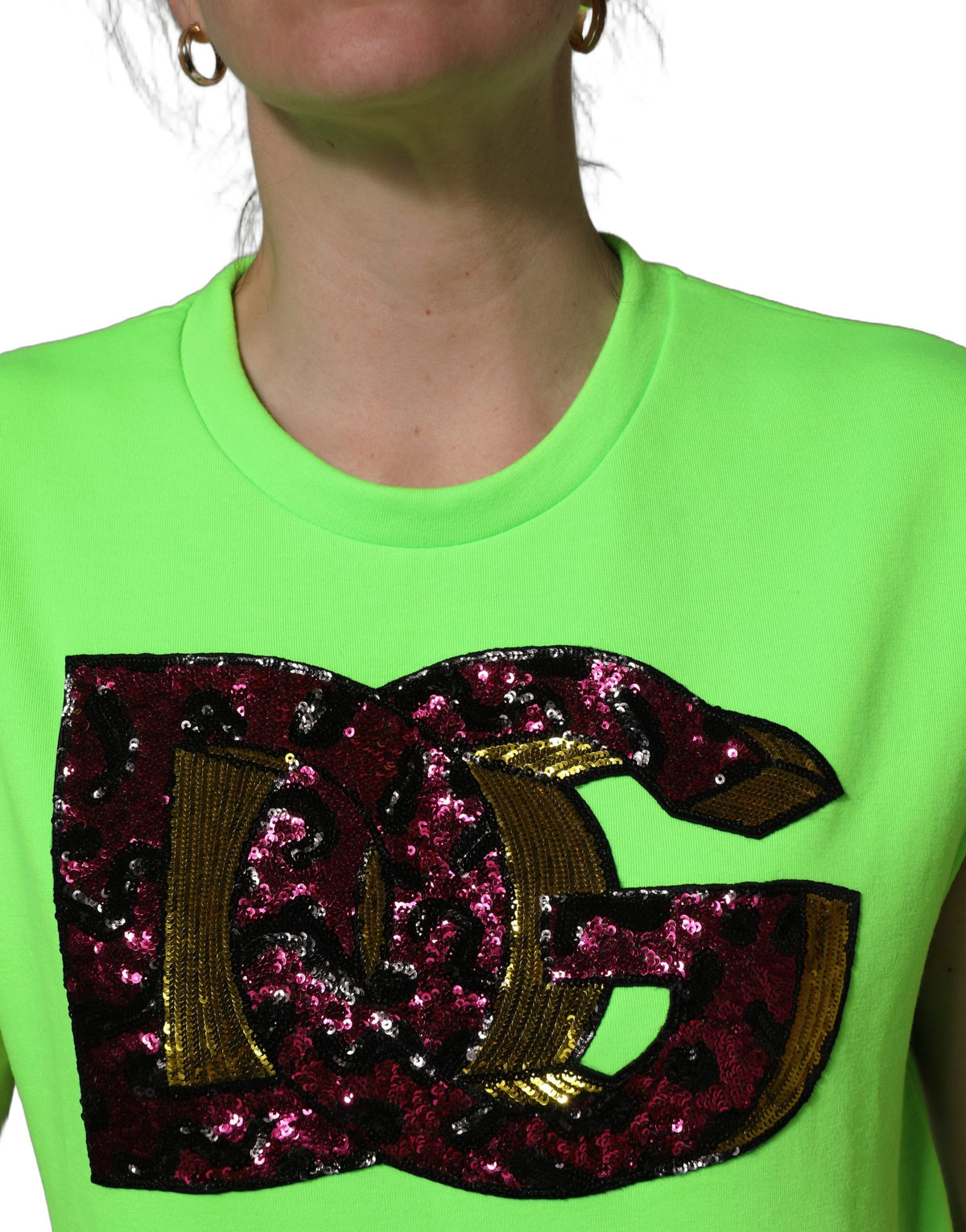 Dolce & Gabbana Neon Green DG Sequined Sleeveless Jersey Women's Top