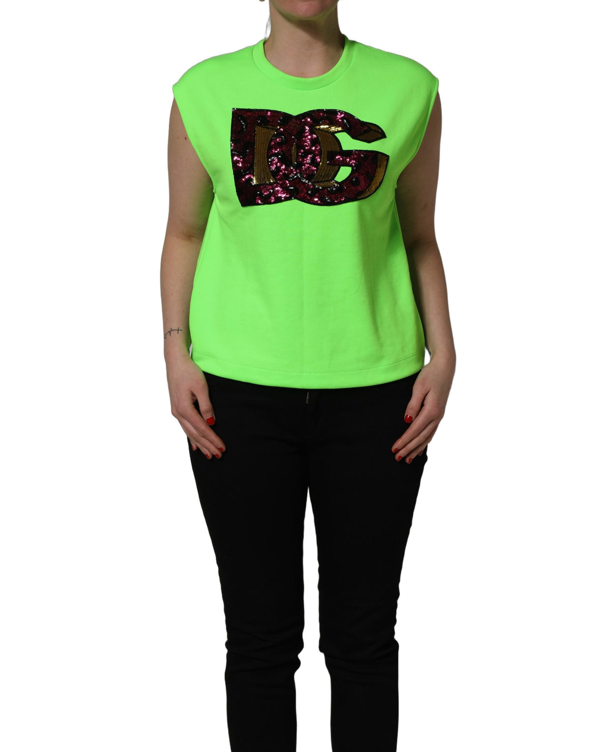 Dolce & Gabbana Neon Green DG Sequined Sleeveless Jersey Women's Top