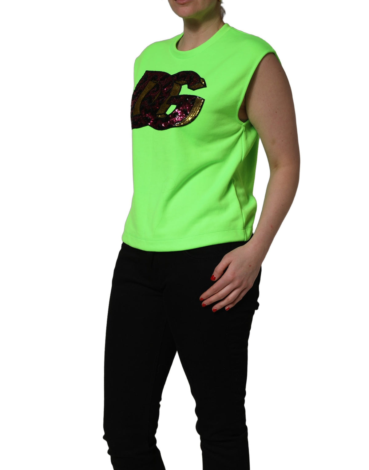 Dolce & Gabbana Neon Green DG Sequined Sleeveless Jersey Women's Top