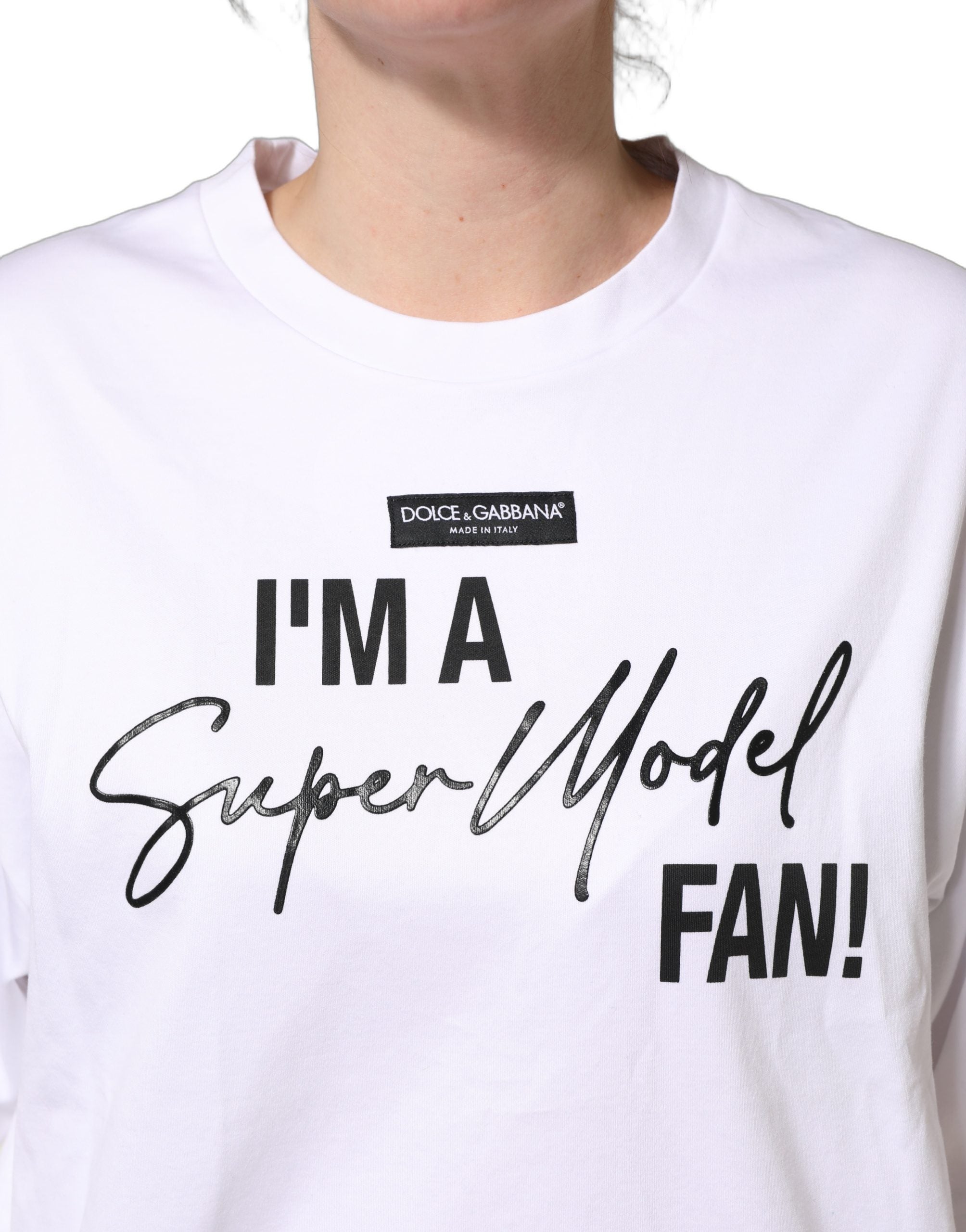 Dolce & Gabbana White I'm A Super Model Fan Print Jersey Women's T-shirt