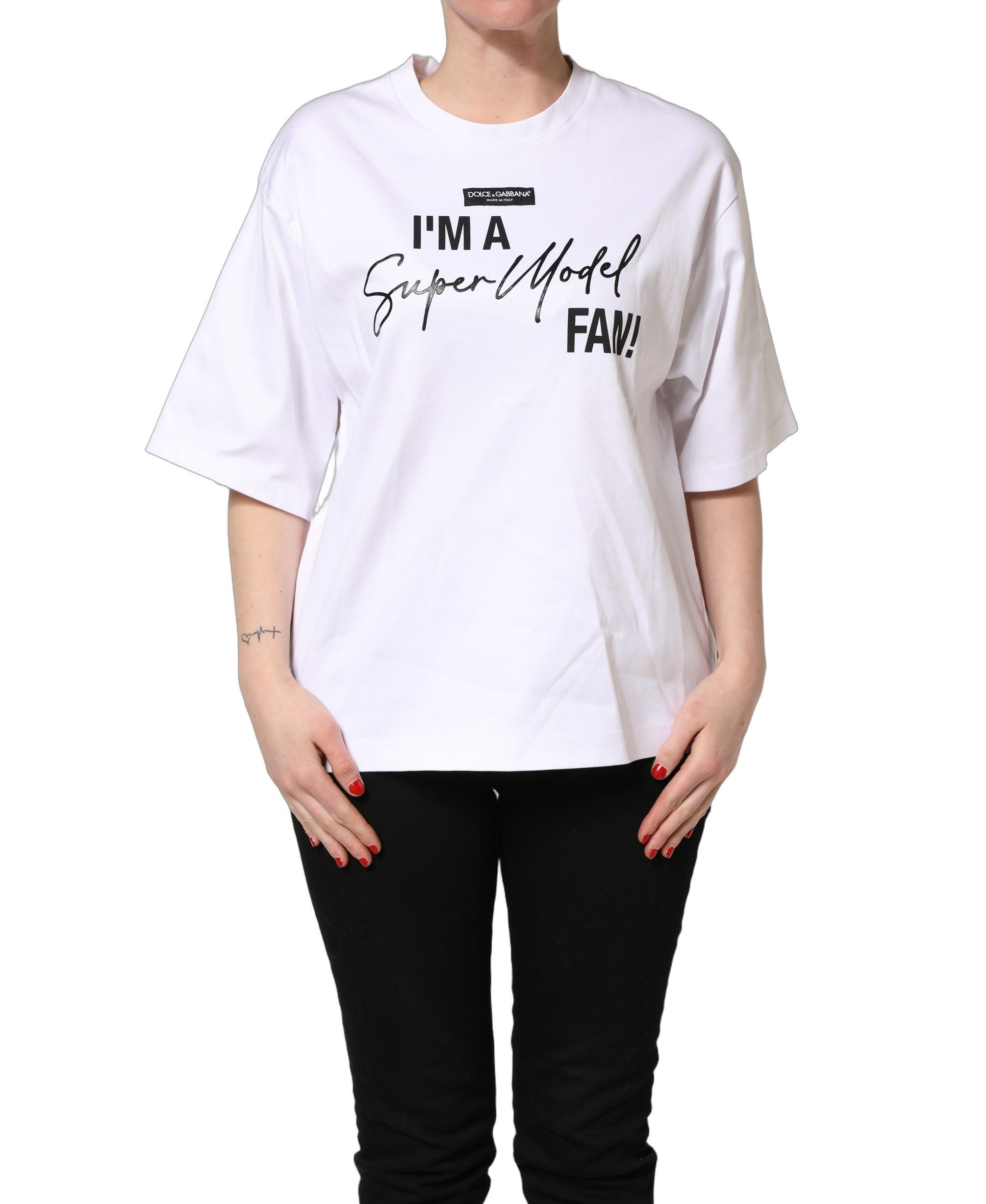 Dolce & Gabbana White I'm A Super Model Fan Print Jersey Women's T-shirt