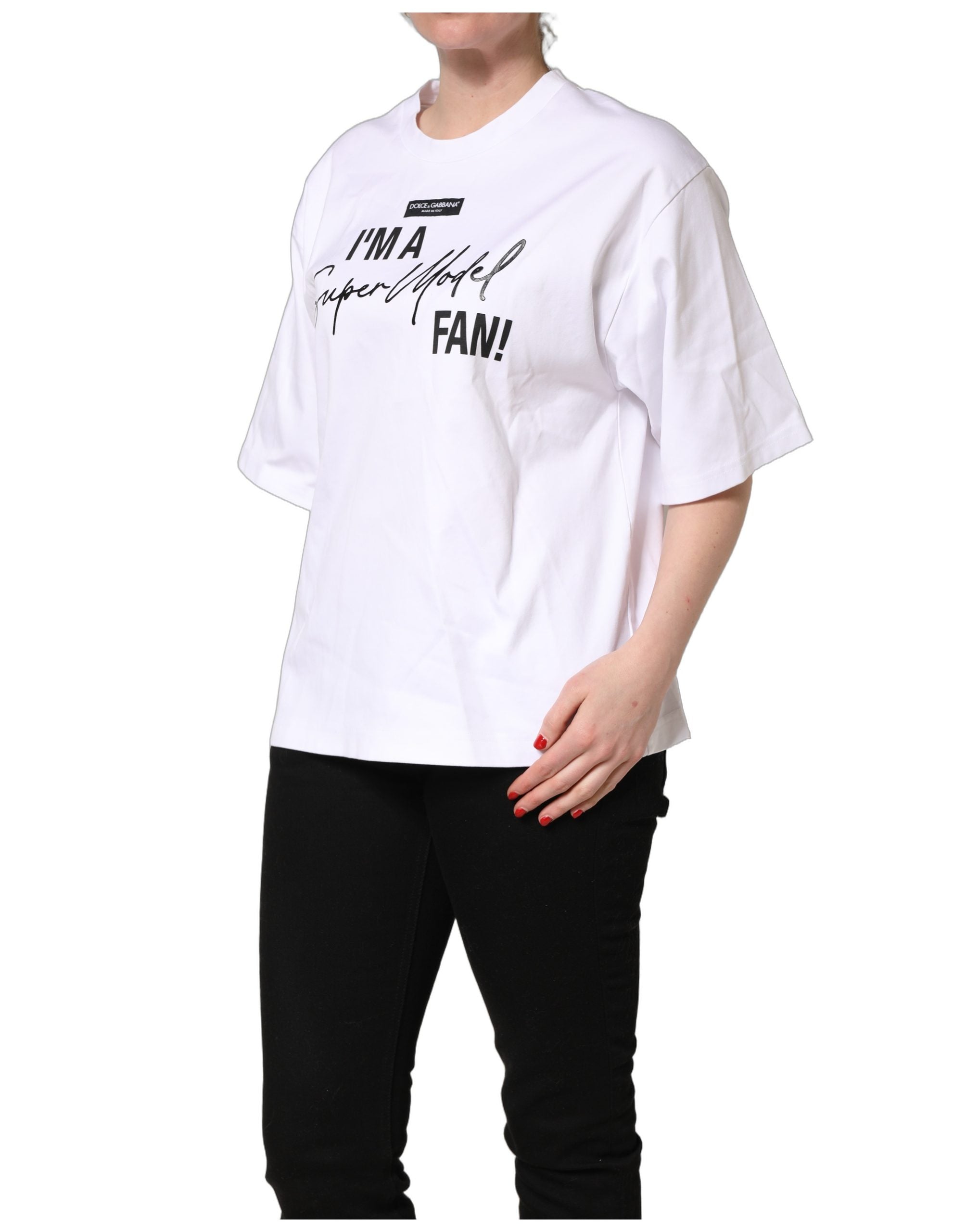 Dolce & Gabbana White I'm A Super Model Fan Print Jersey Women's T-shirt