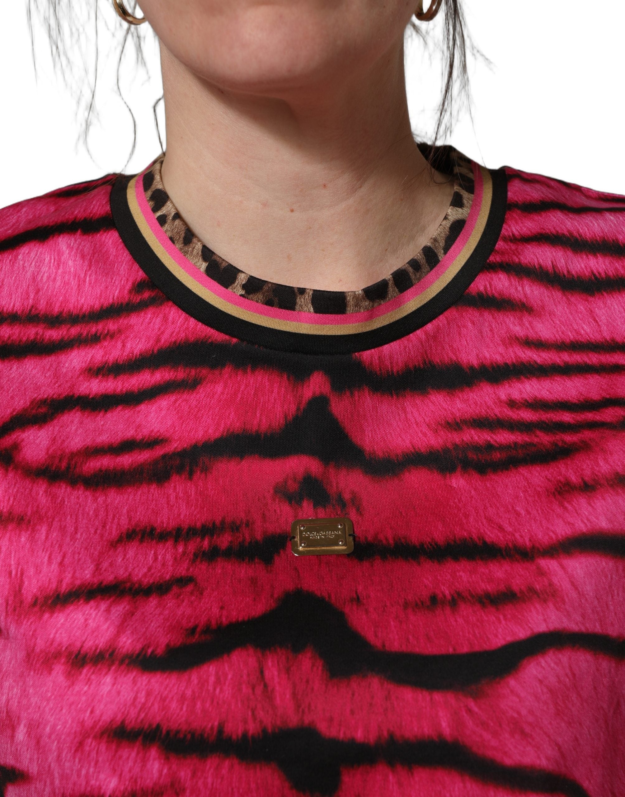 Dolce & Gabbana Pink Zebra Sleeveless Crew Neck Cropped Women's T-shirt