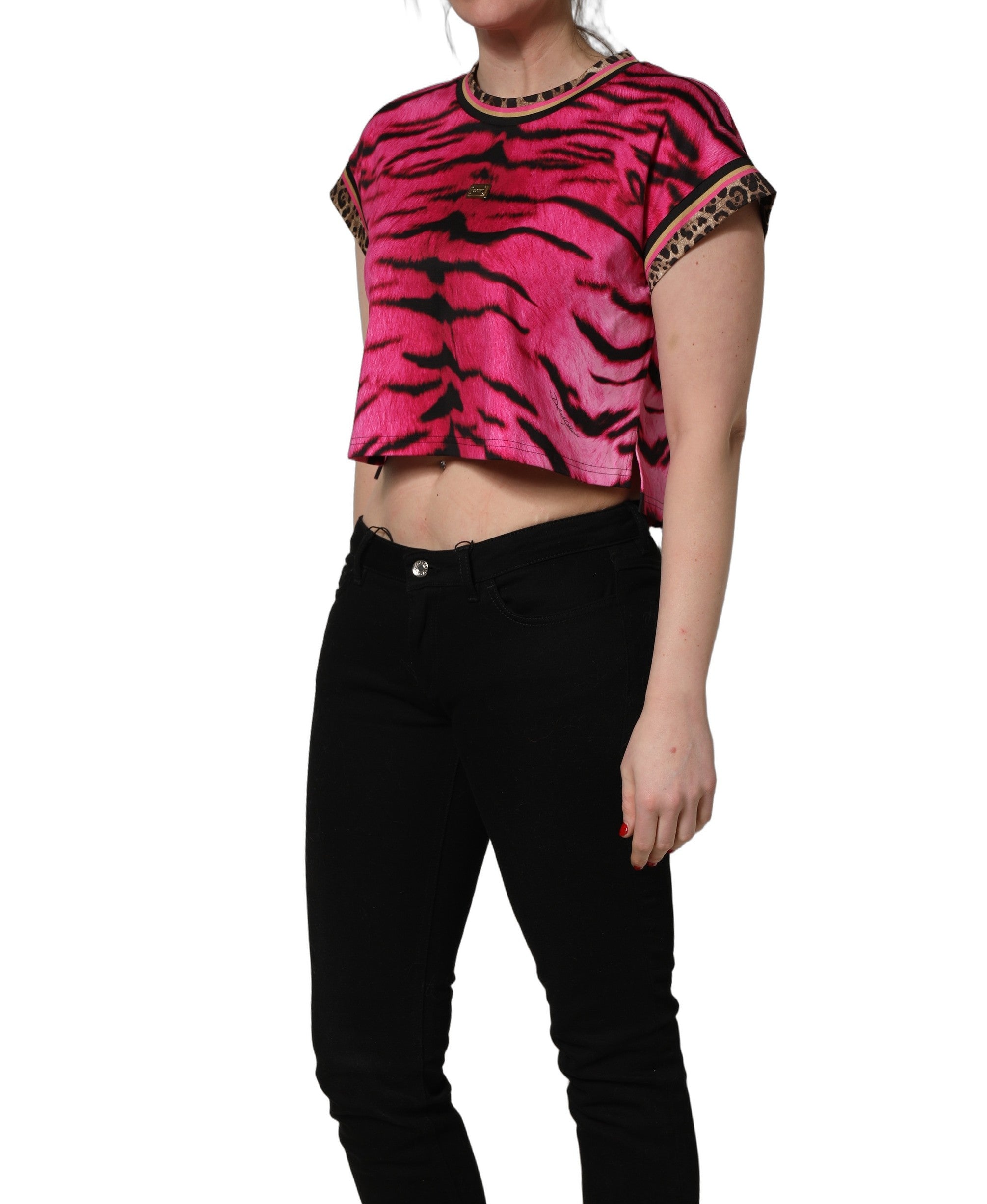 Dolce & Gabbana Pink Zebra Sleeveless Crew Neck Cropped Women's T-shirt